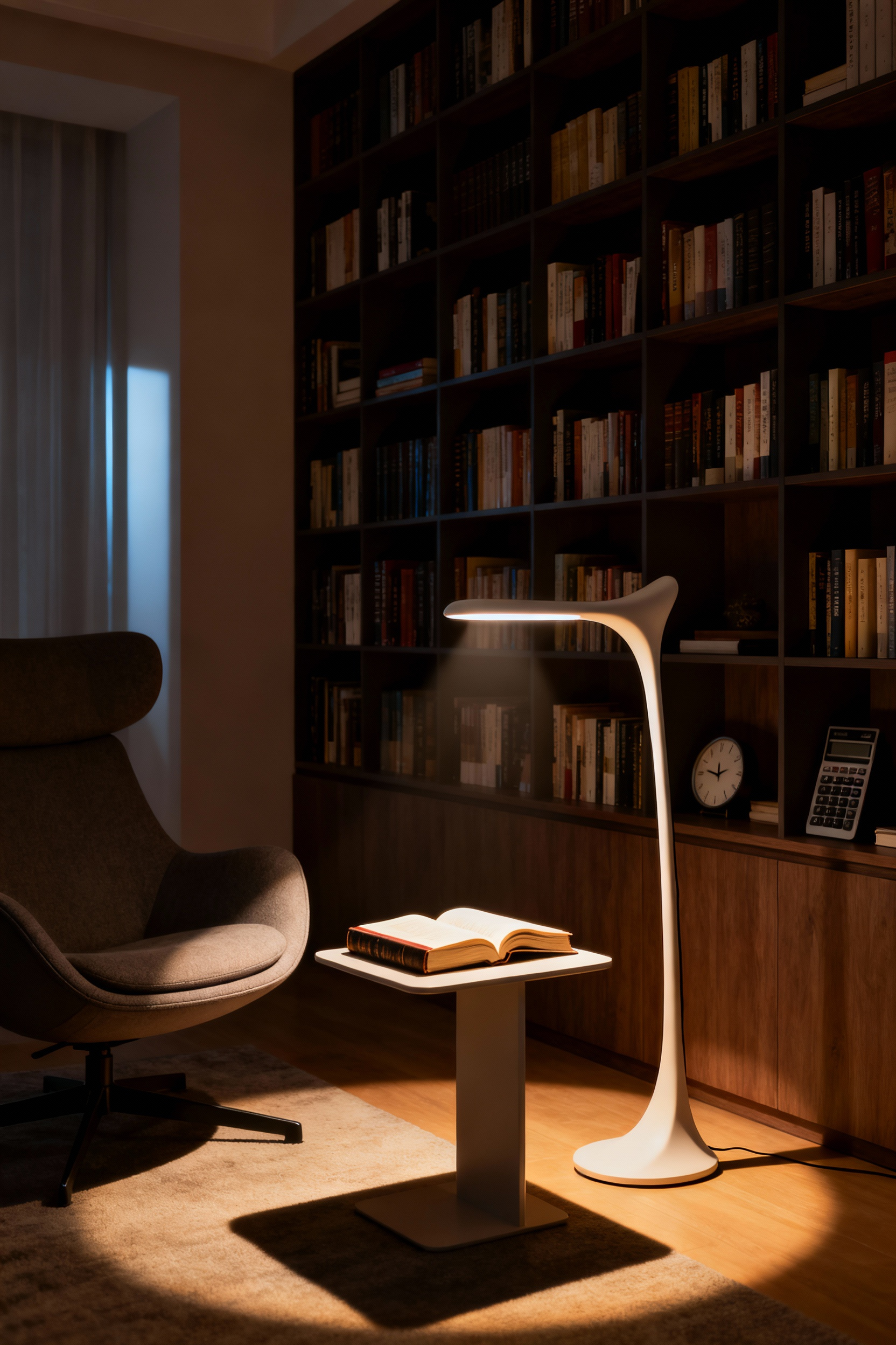 Cozy living room reading nook with modern articulated LED floor lamp providing precise task-specific lighting on an open book, enhancing visual comfort and focus.