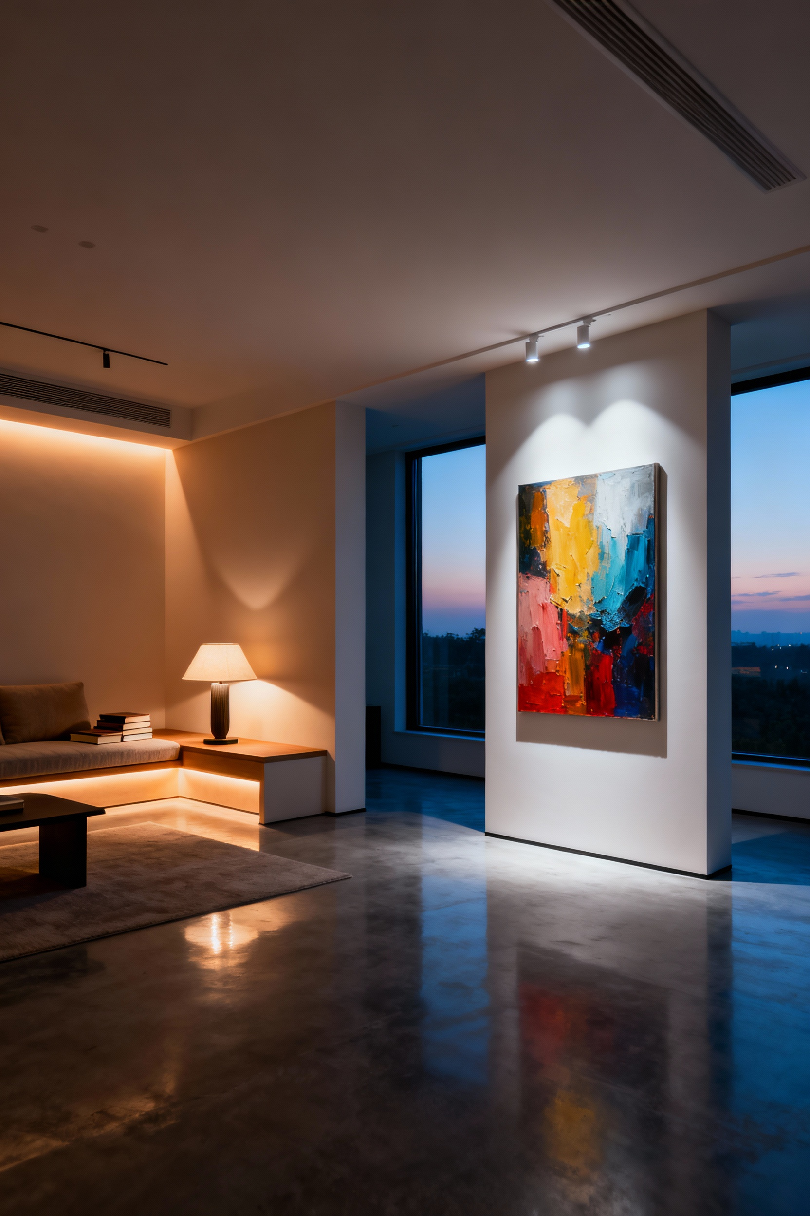 Modern living room demonstrating varied Correlated Color Temperature lighting, with warm tones in a reading nook and cooler tones highlighting art.