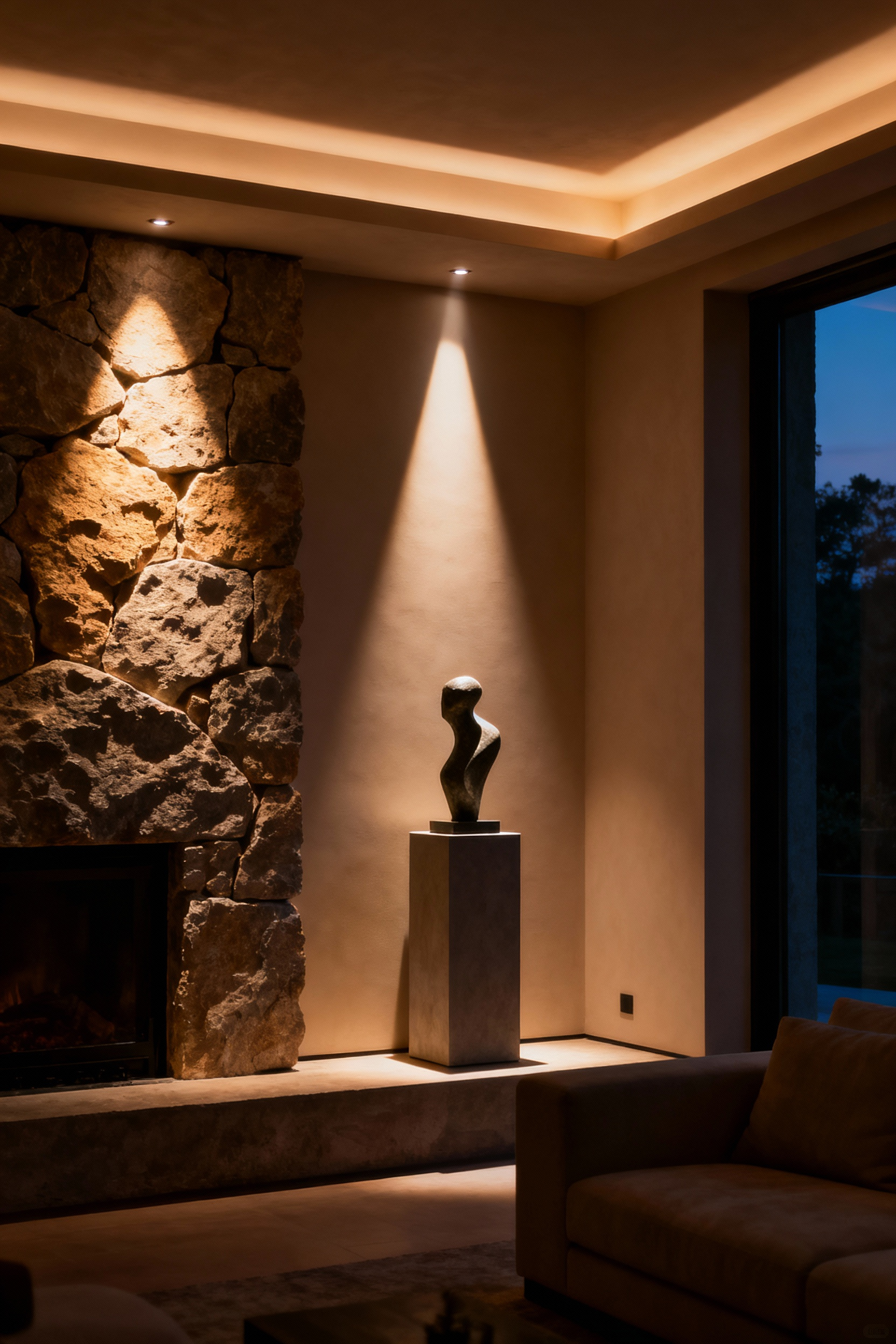 Elegant living room showcasing the differentiation of directional light grazing a textured wall and diffused ambient light from ceiling coves, highlighting artistic elements and creating depth.