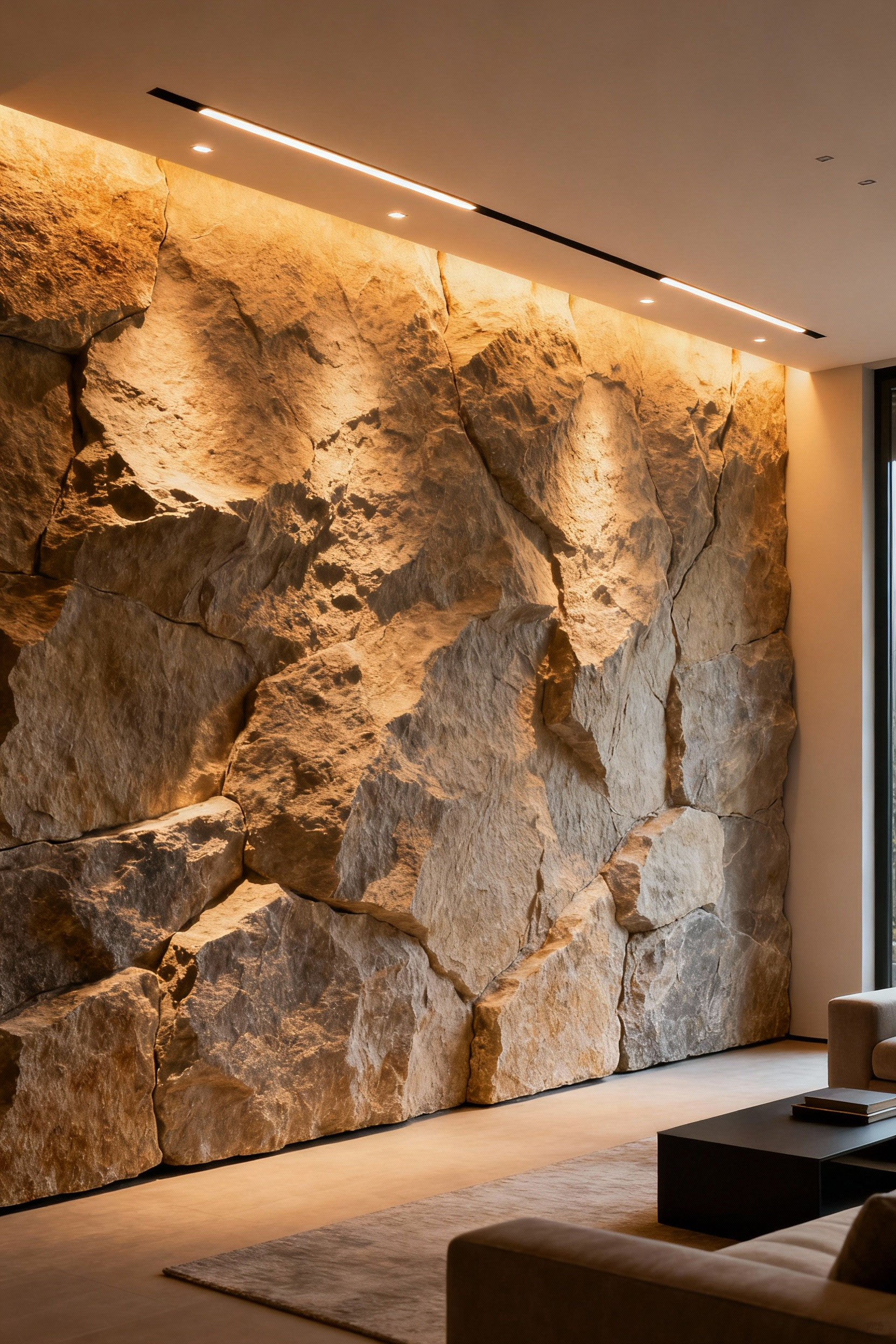 An elegant living room with a textured natural stone wall beautifully illuminated by uniform wall wash lighting, accentuating the stone's three-dimensionality and creating a sense of expanded space. Modern interior design, no people.