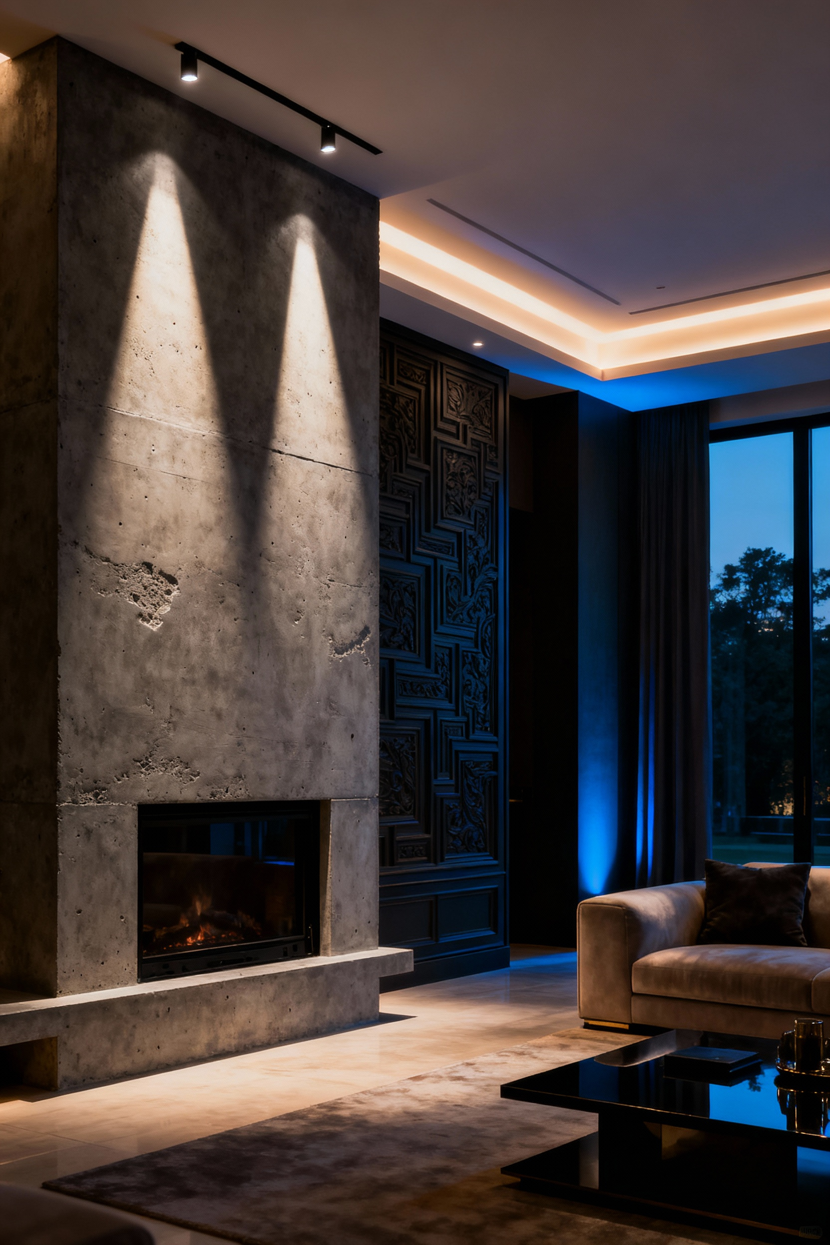 Living room showcasing architectural prowess with sophisticated lumen contrast lighting, highlighting a textured wall and fireplace facade through precise illumination and deliberate shadow play.