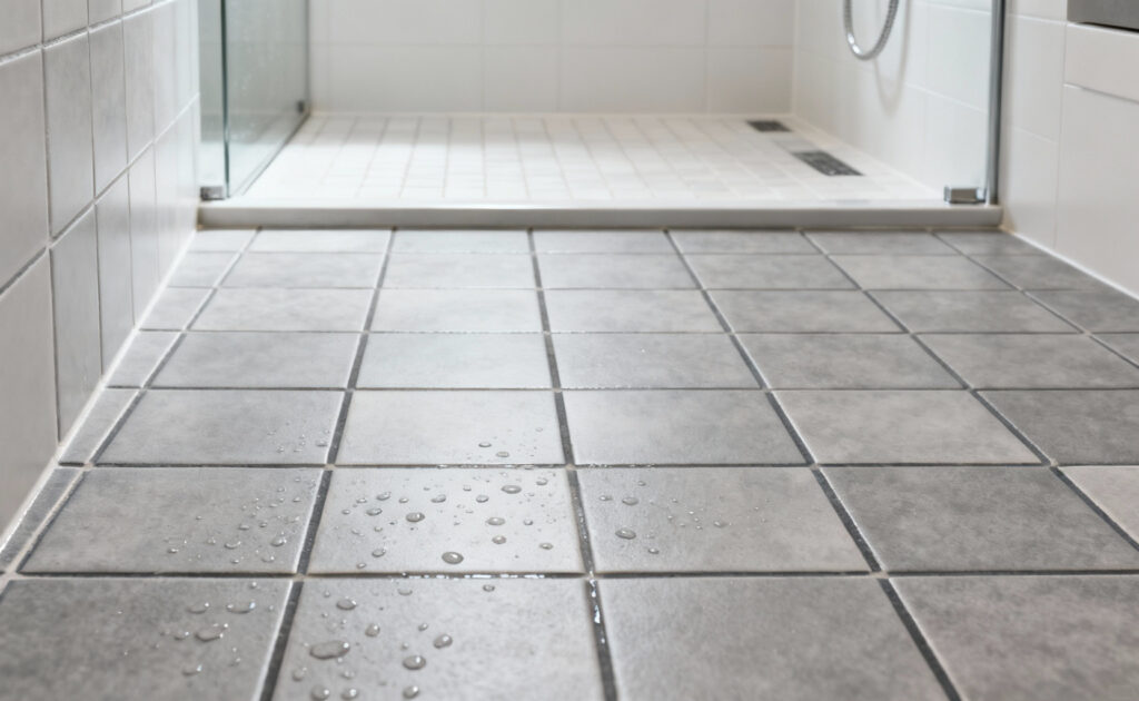 A modern curbless shower floor made of small, matte grey porcelain tiles with visible textured surface and contrasting grout lines, designed for high slip resistance and universal accessibility.