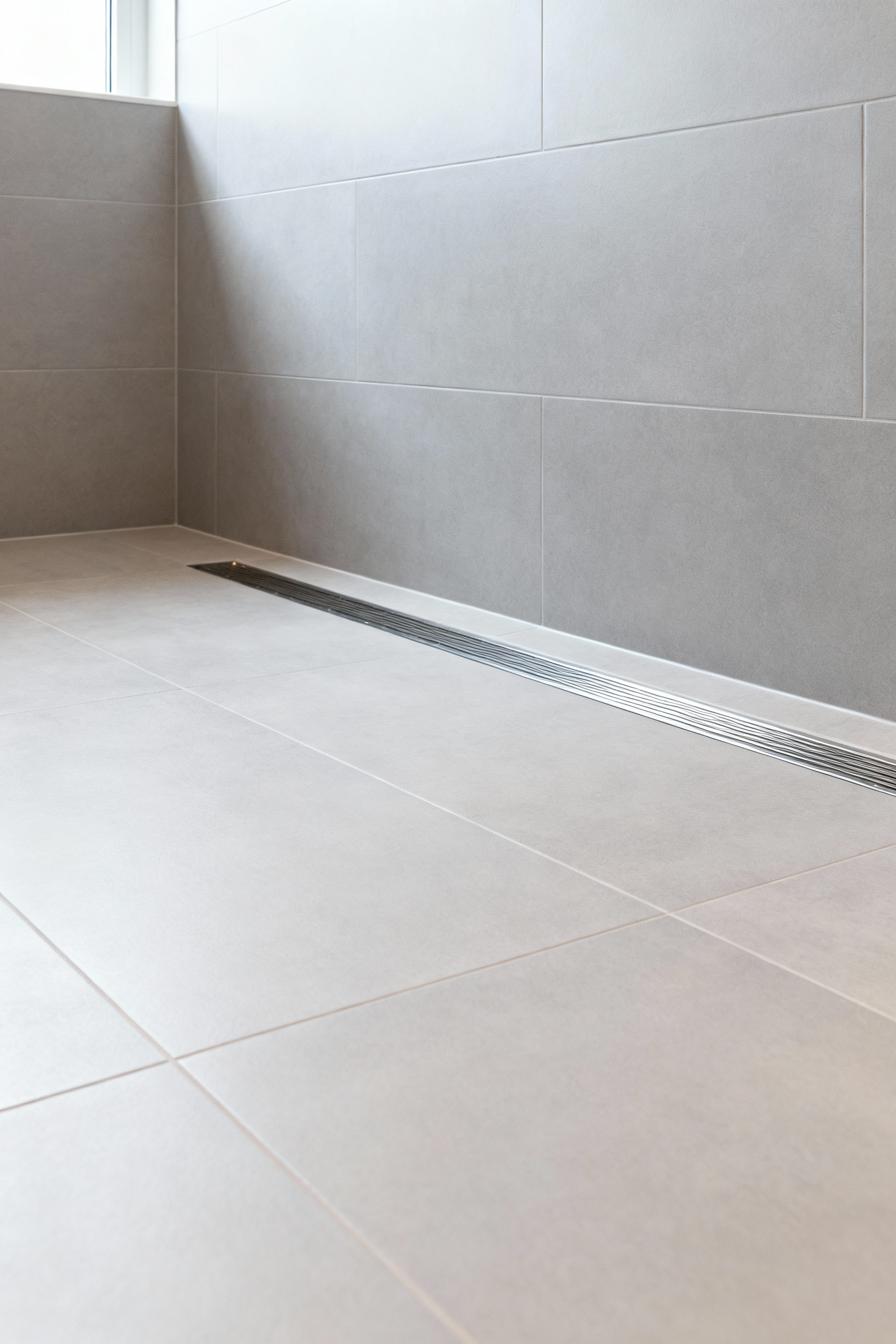 Curbless shower floor with precision slope engineering and linear drain, featuring large format grey porcelain tiles, designed for optimal bathroom slope drainage and accessibility.