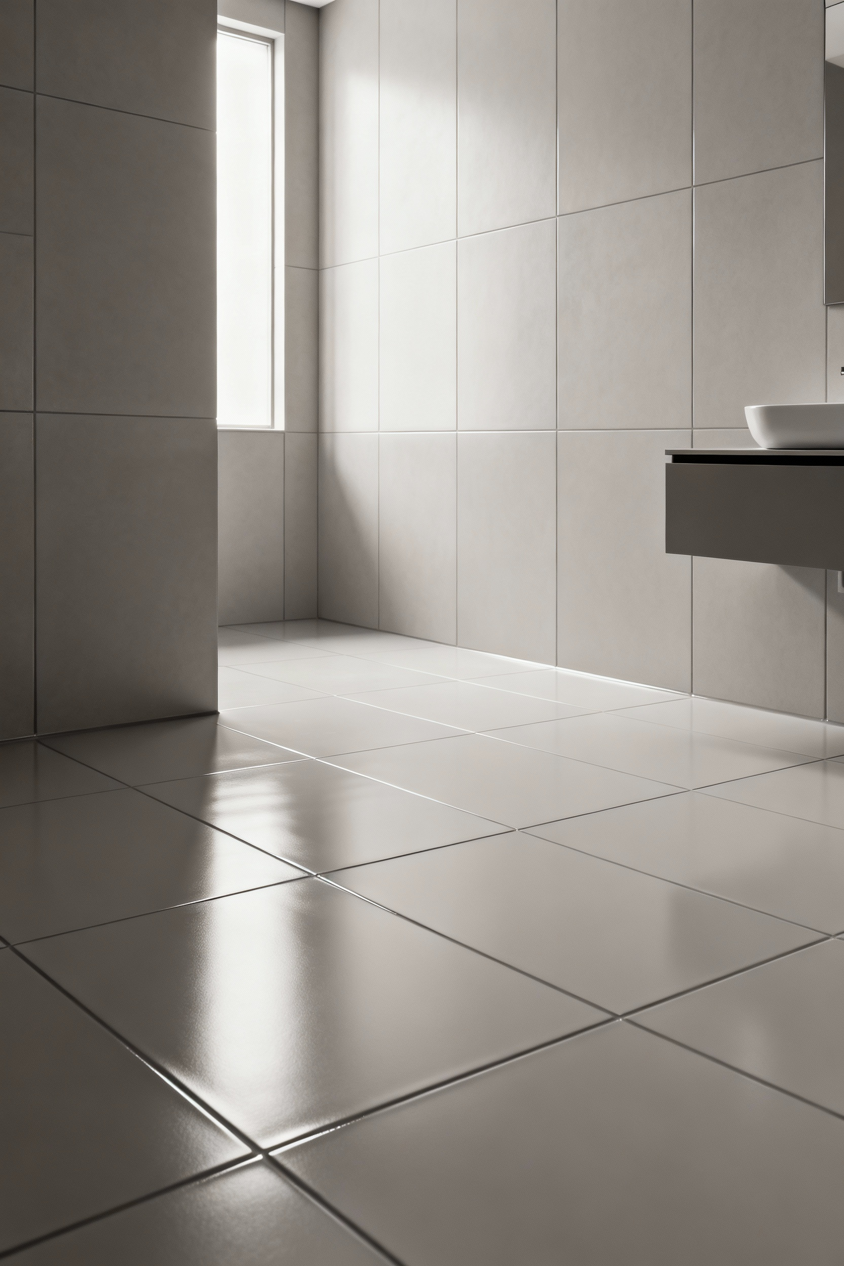 A modern bathroom featuring large, pristine tiles with perfectly matched epoxy grout, emphasizing low maintenance, durability, and a seamless, hygienic design.