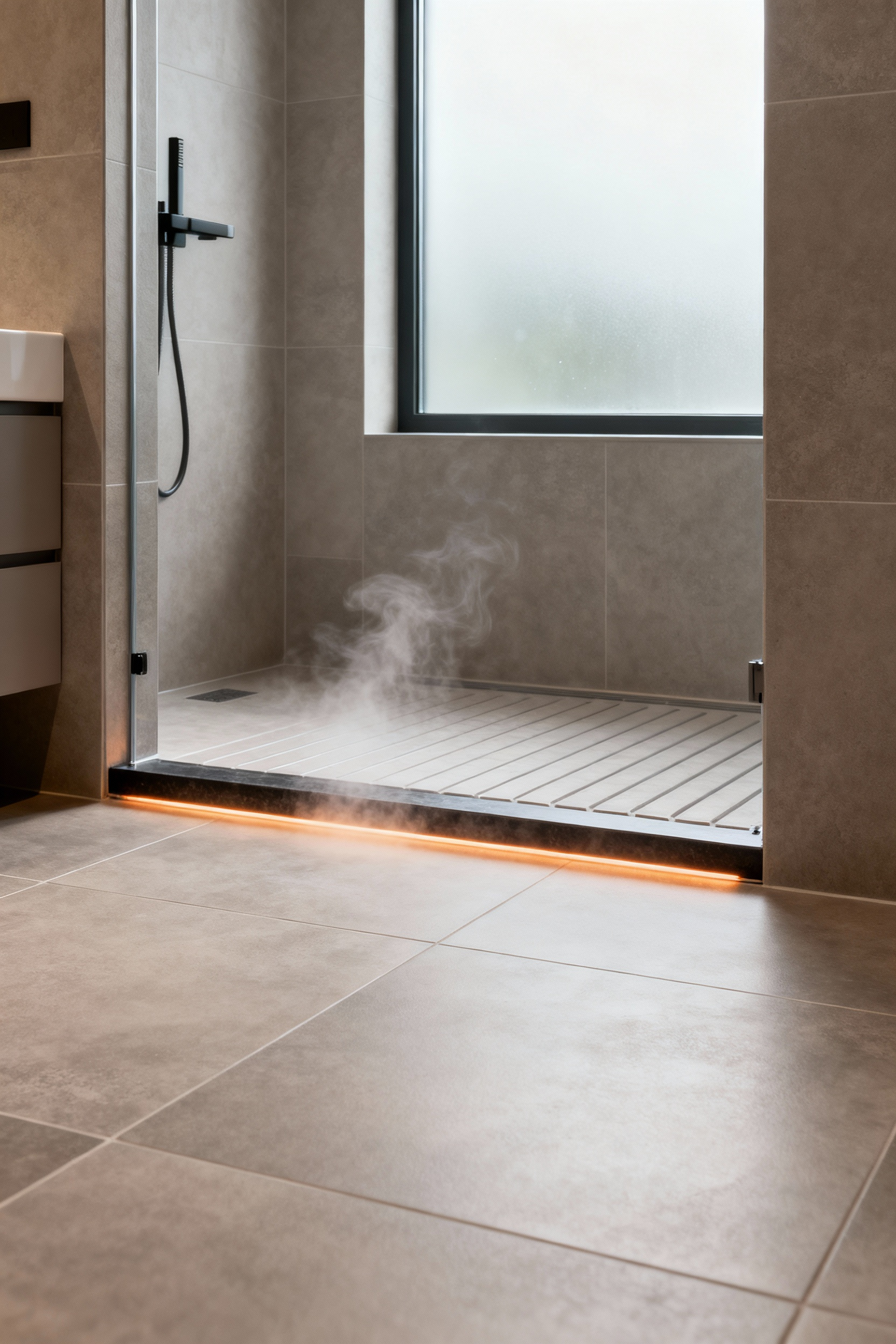 A luxurious bathroom floor with large format matte porcelain tiles, showcasing the invisible warmth and rapid drying effect of radiant heat underfloor heating. A curbless shower entrance suggests universal design and enhanced safety.