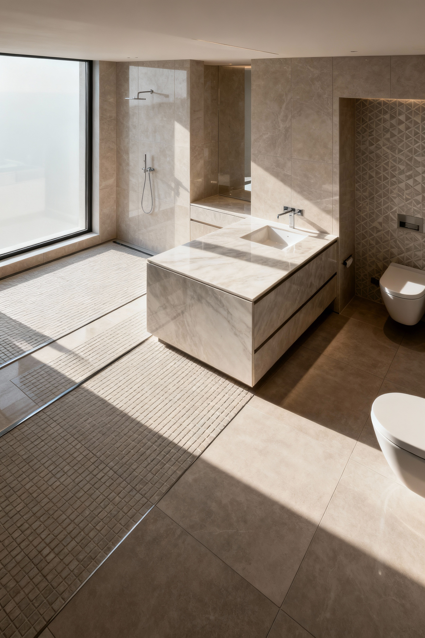 Elegant bathroom interior demonstrating holistic tile zoning with varied patterns and textures on the floor. A curbless shower, vanity, and toilet area are clearly defined by different types of tiles, enhancing both visual appeal and functionality.