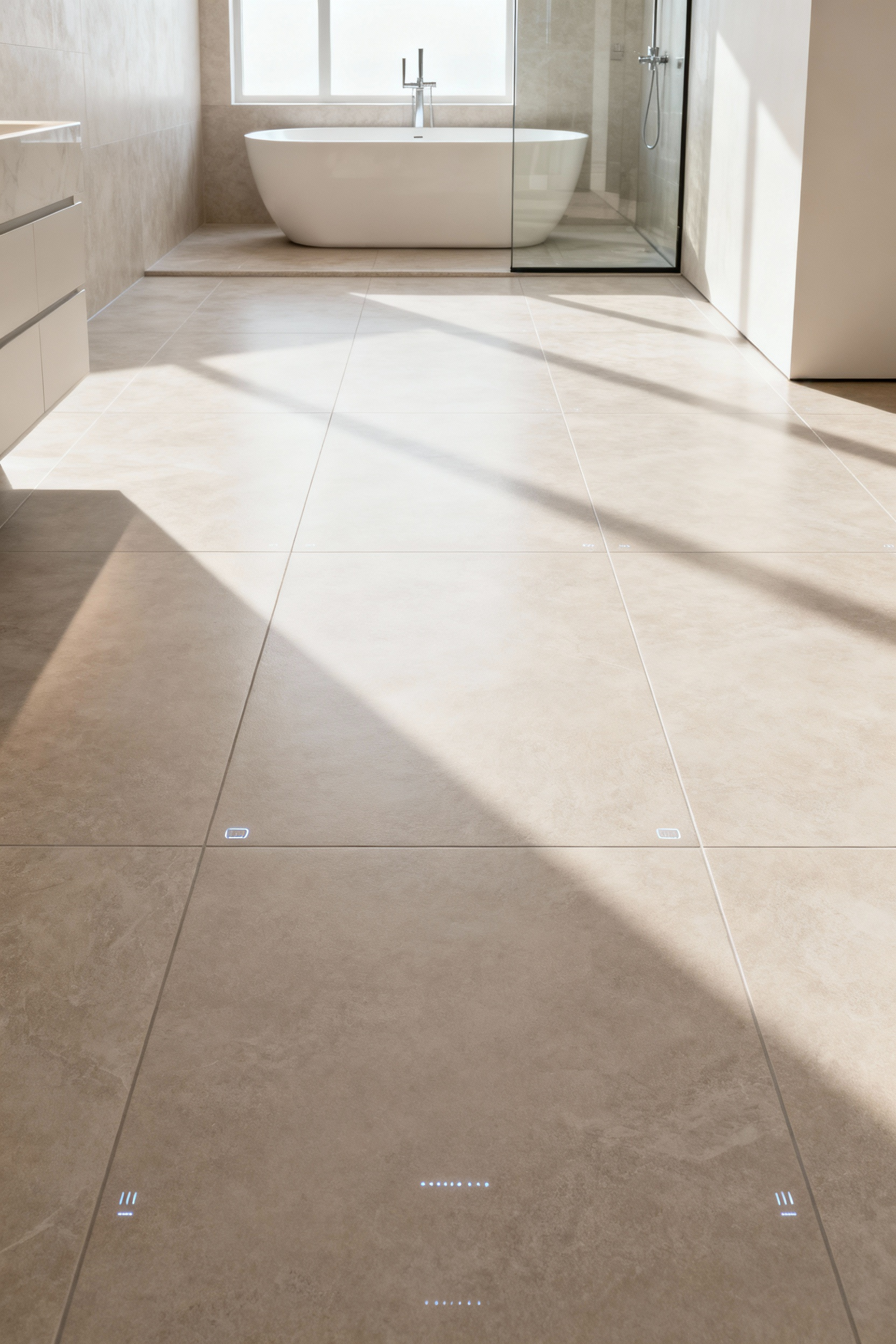 Modern bathroom with elegant, minimalist design featuring discreet smart tile technology on the floor for enhanced safety and user experience. Soft natural lighting highlights the sleek surfaces.