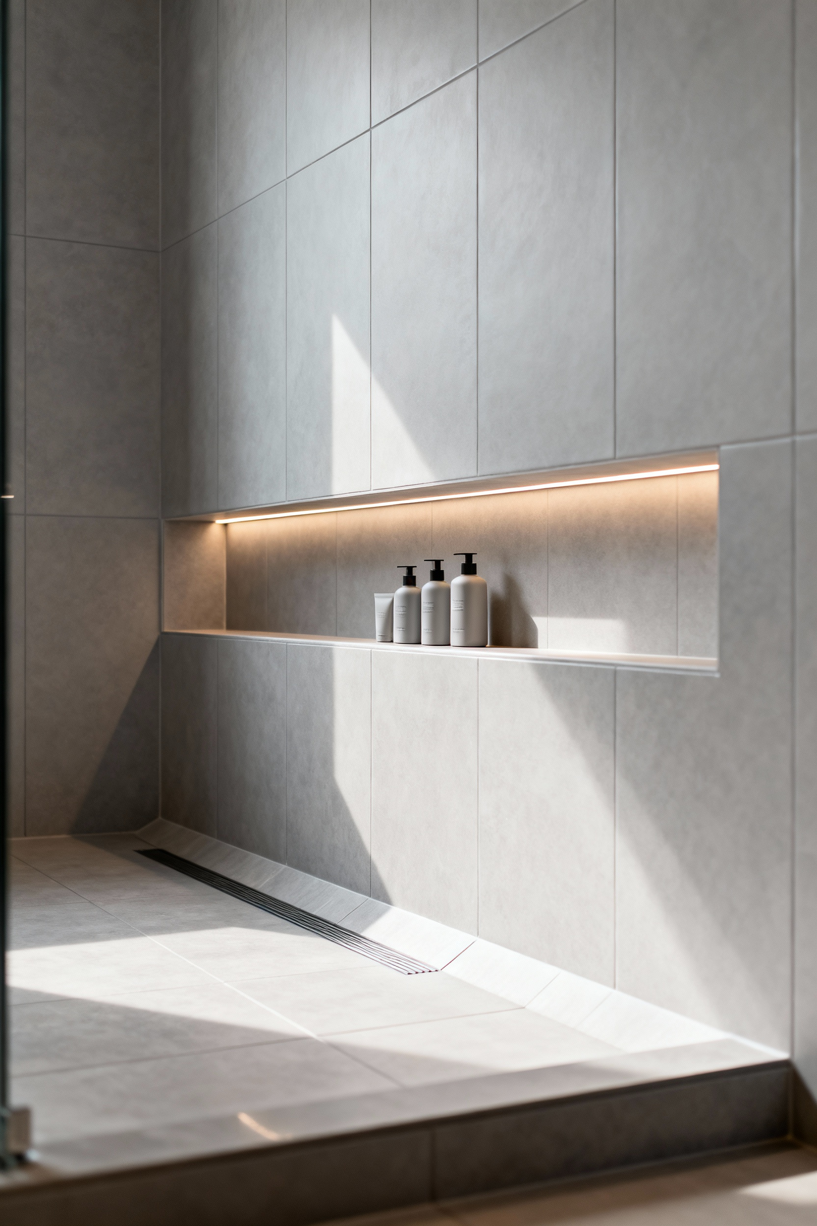 Close-up of a seamlessly tiled, modern in-wall shower niche with integrated LED lighting and a sloped base, holding a few elegant toiletry bottles. The design emphasizes accessible storage and clean lines within a curbless shower.