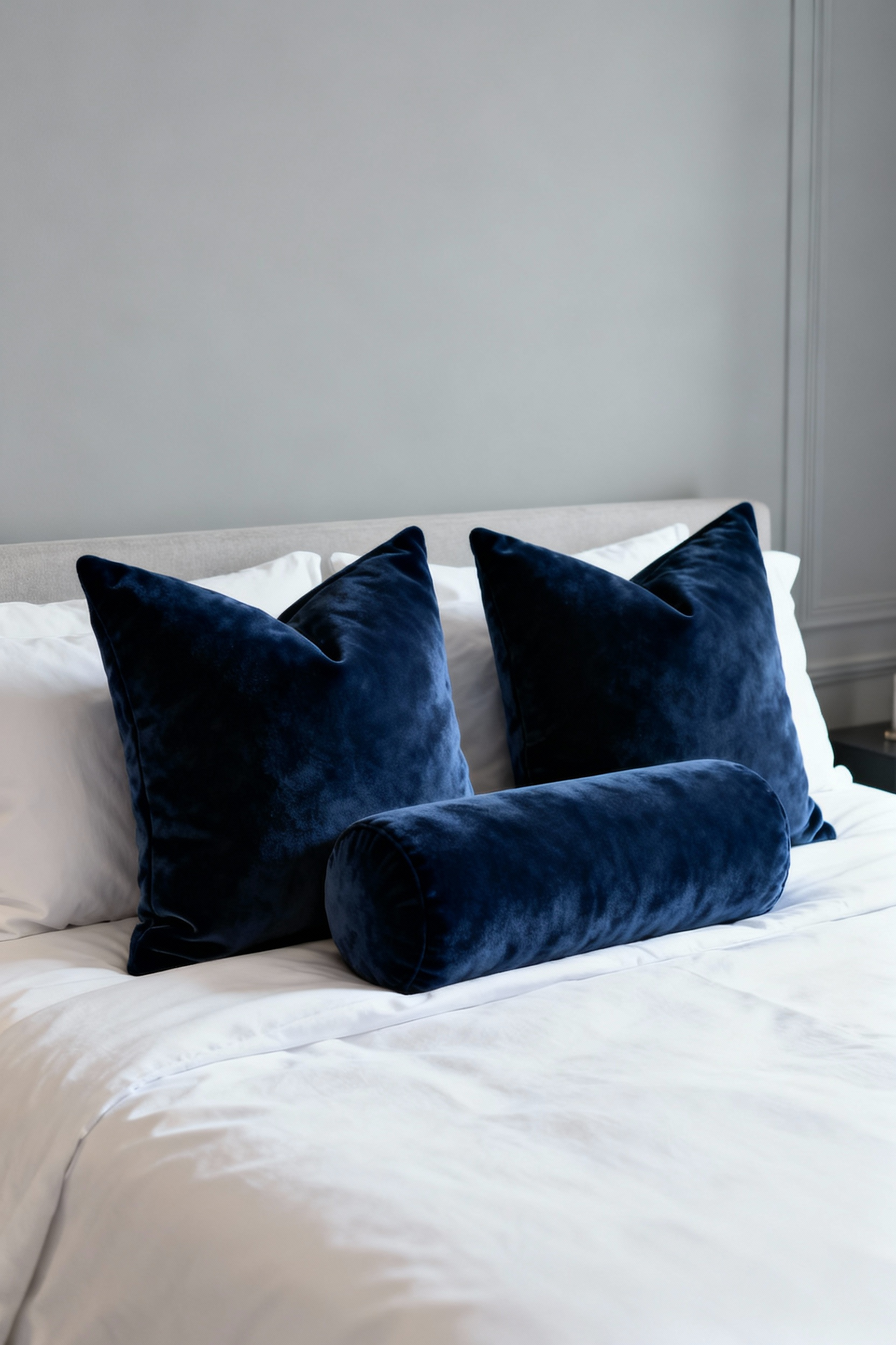 A beautifully styled bed in a modern bedroom, featuring crisp white linen bedding and strategically placed deep navy blue velvet throw pillows creating a luxurious focal point.