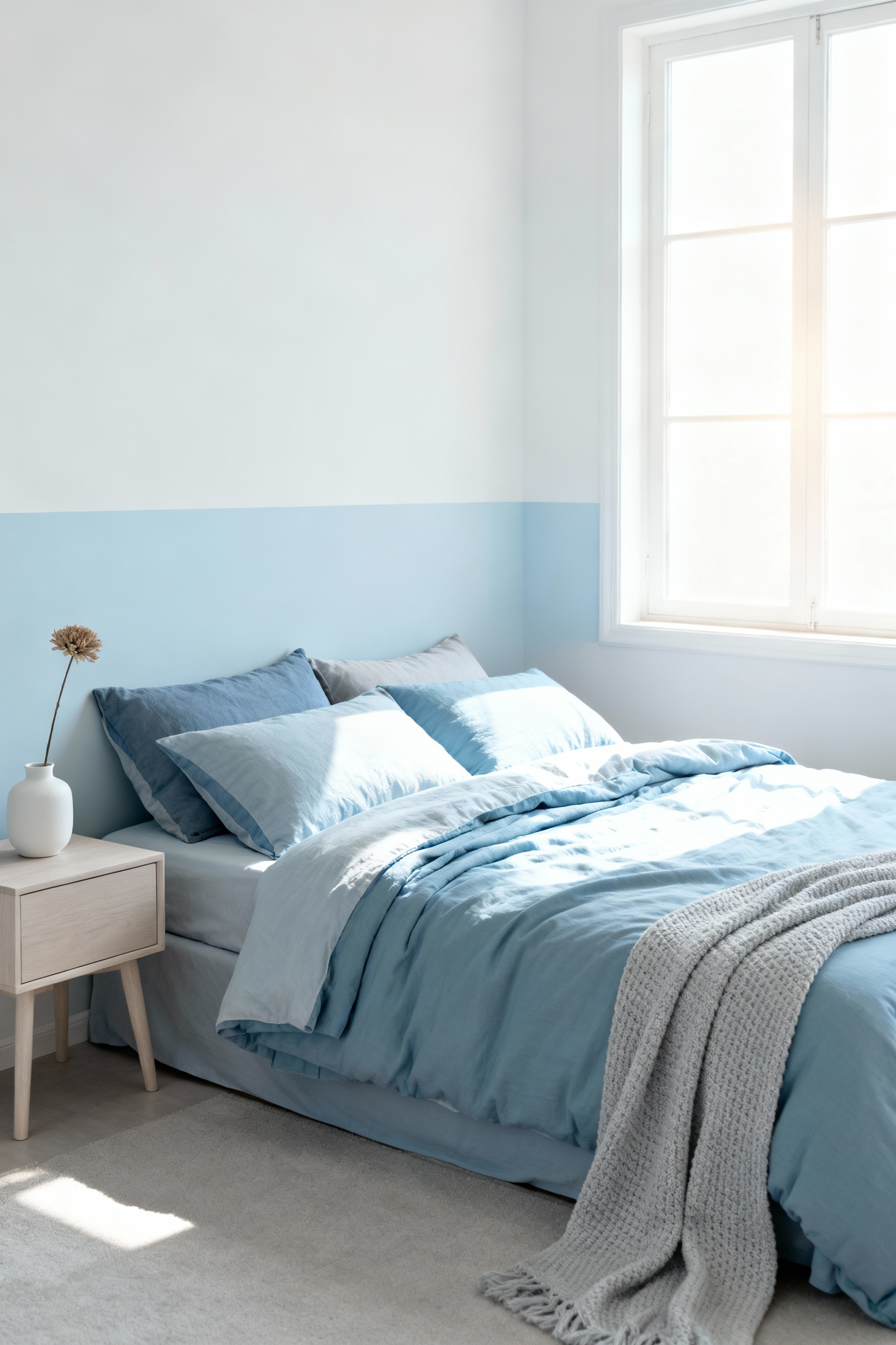 A tranquil bedroom featuring a bed dressed in layered sky blue linens, a light wood nightstand with a subtle decoration, and soft lighting, emphasizing a spacious and calm ambiance. No people.