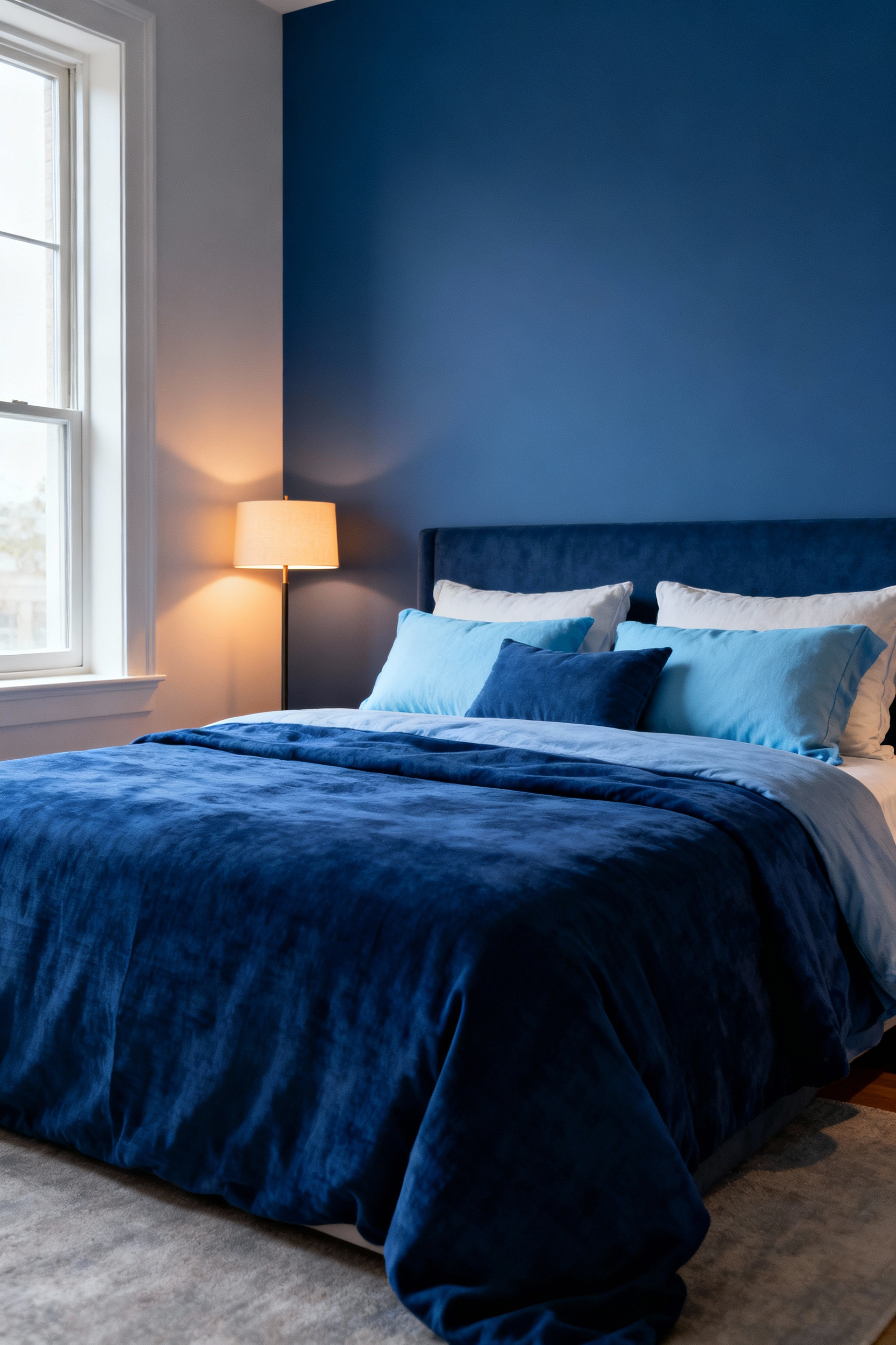 Bedroom with sapphire blue bedding and accent wall, demonstrating psychological impact of blue on serenity.