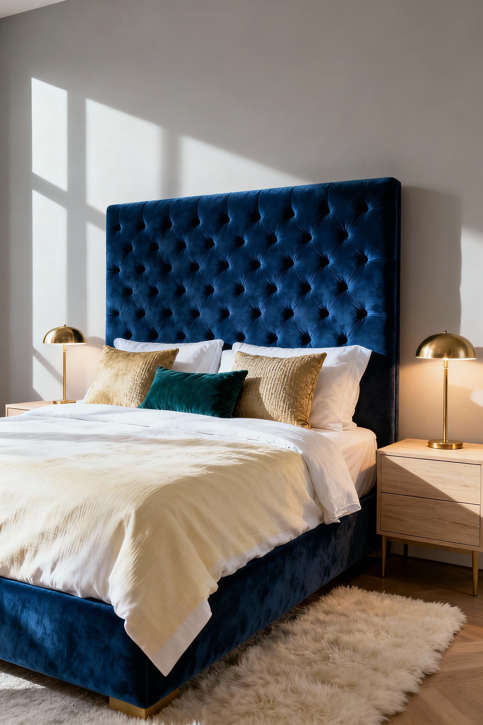 A master bedroom with a grand deep cerulean velvet tufted headboard, soft greige walls, light wood nightstands, brass lamps, and plush off-white rug, exuding serene sophistication.