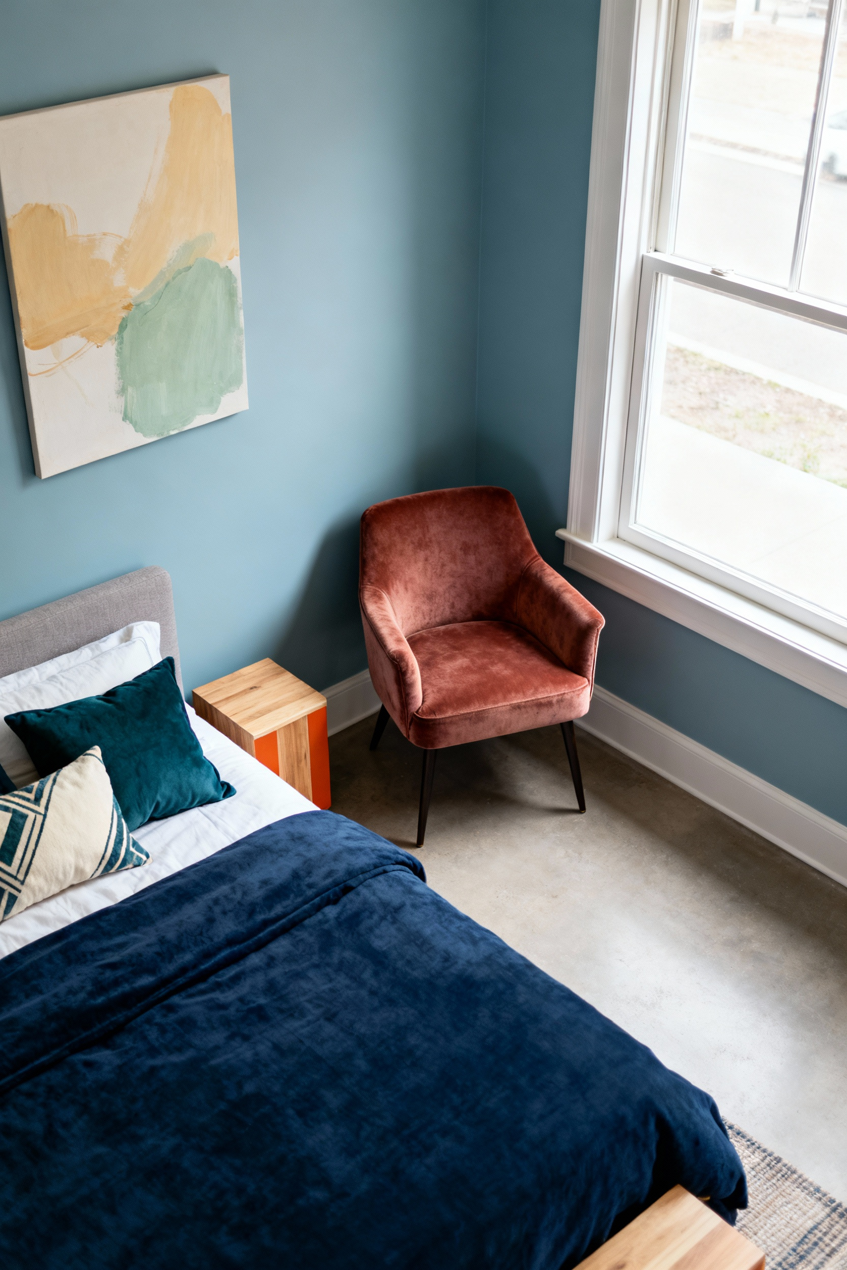 Bedroom featuring muted French blue walls, rust velvet chair, deep teal and cream pillows, natural wood, and abstract art with ochre and sage green, showcasing dynamic blue bedroom decor with tertiary colors.