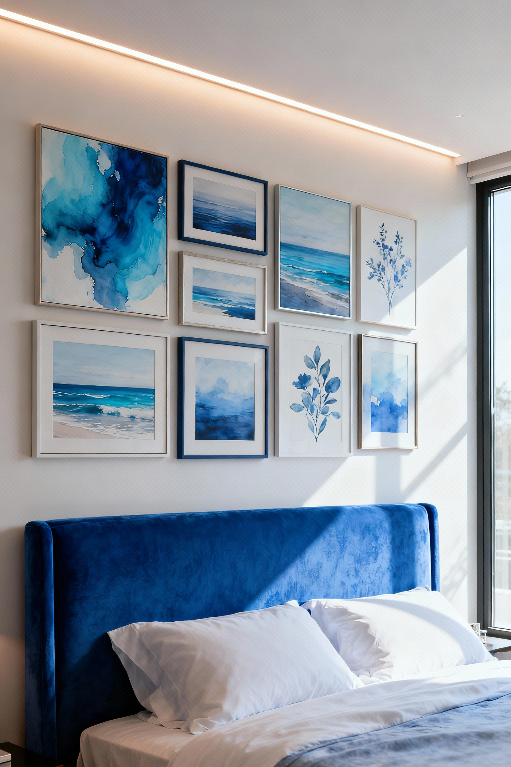 A meticulously curated gallery wall in a blue bedroom, featuring various blue-centric artworks like abstract paintings and coastal photography, designed to create visual flow and visual harmony.