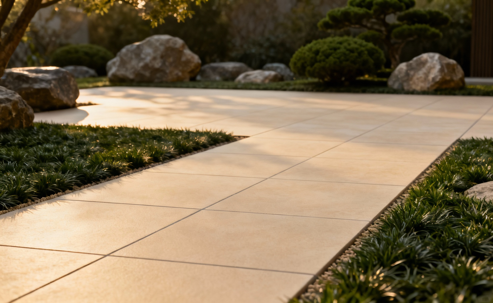 Modern patio featuring perfectly level, non-slip rectified porcelain pavers, showcasing meticulous installation and seamless accessibility.