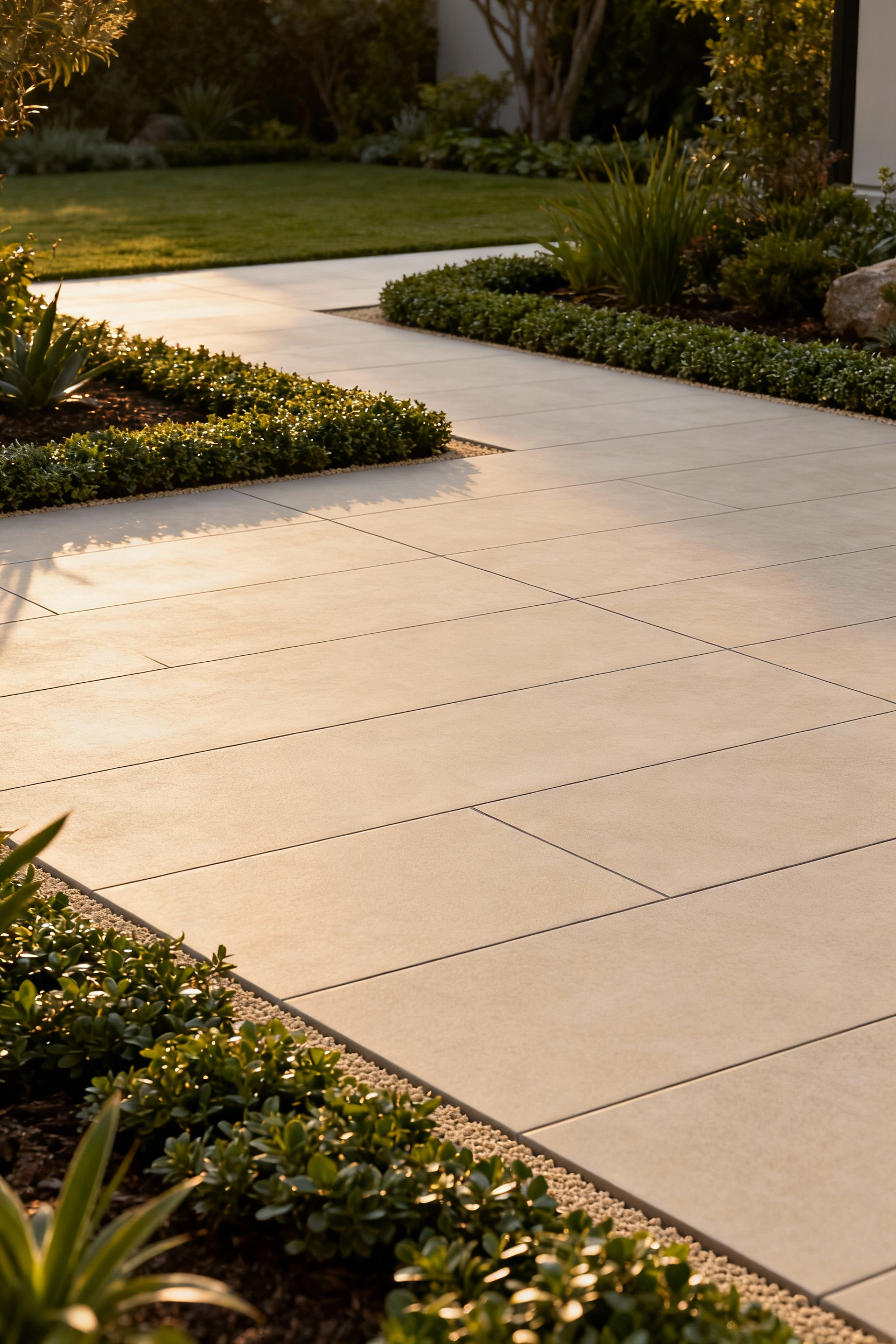 Modern patio featuring perfectly level, non-slip rectified porcelain pavers, showcasing meticulous installation and seamless accessibility.