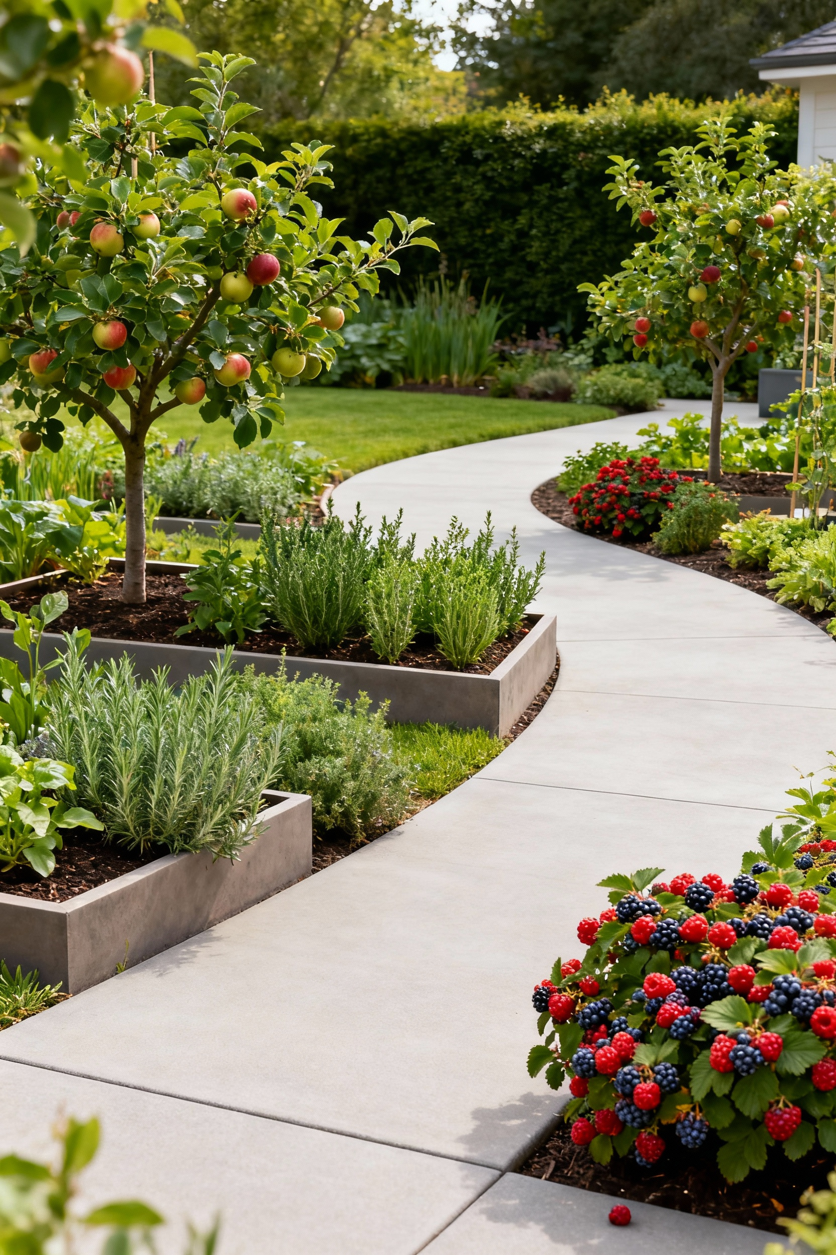 An aesthetically pleasing patio edible landscape featuring accessible raised beds with herbs and dwarf fruit trees, wide pathways, and lush greenery under soft daylight.