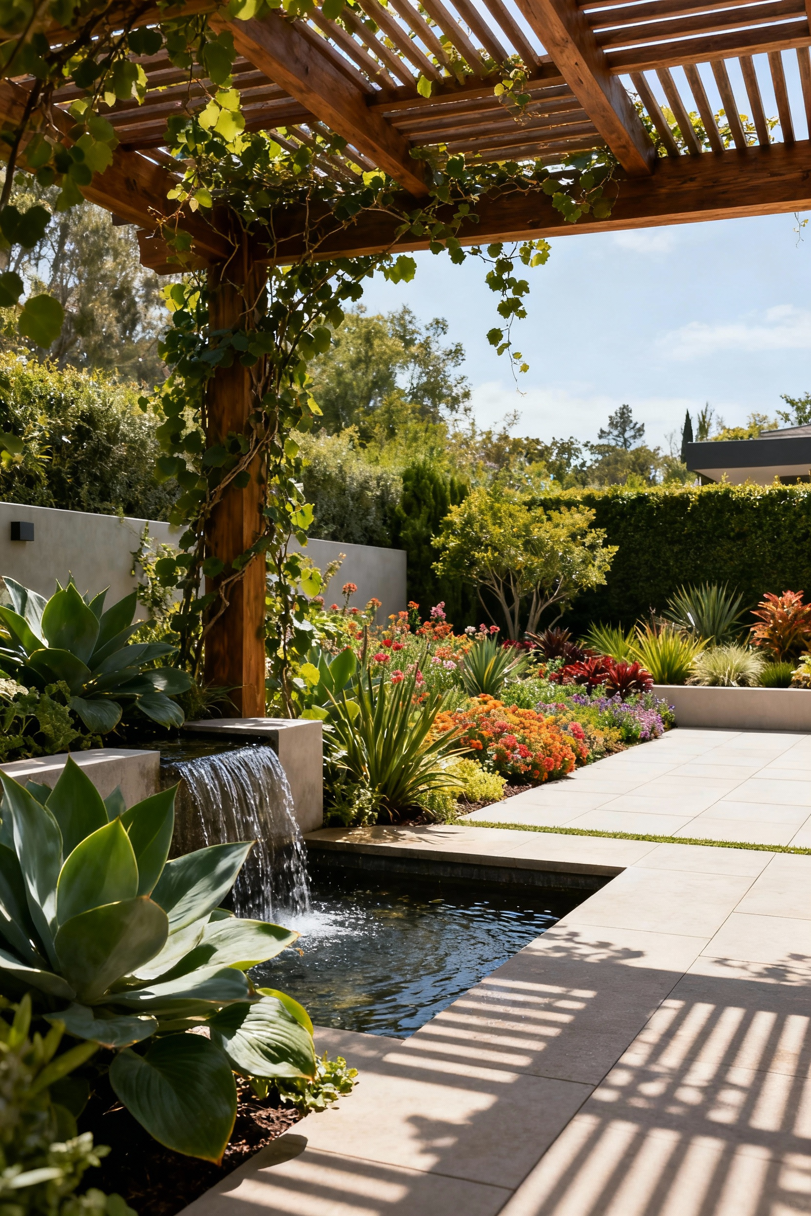 A beautifully designed patio garden featuring distinct zoned microclimates with varied plant species thriving in different sun and shade conditions, offering areas for relaxation and enjoyment without people.