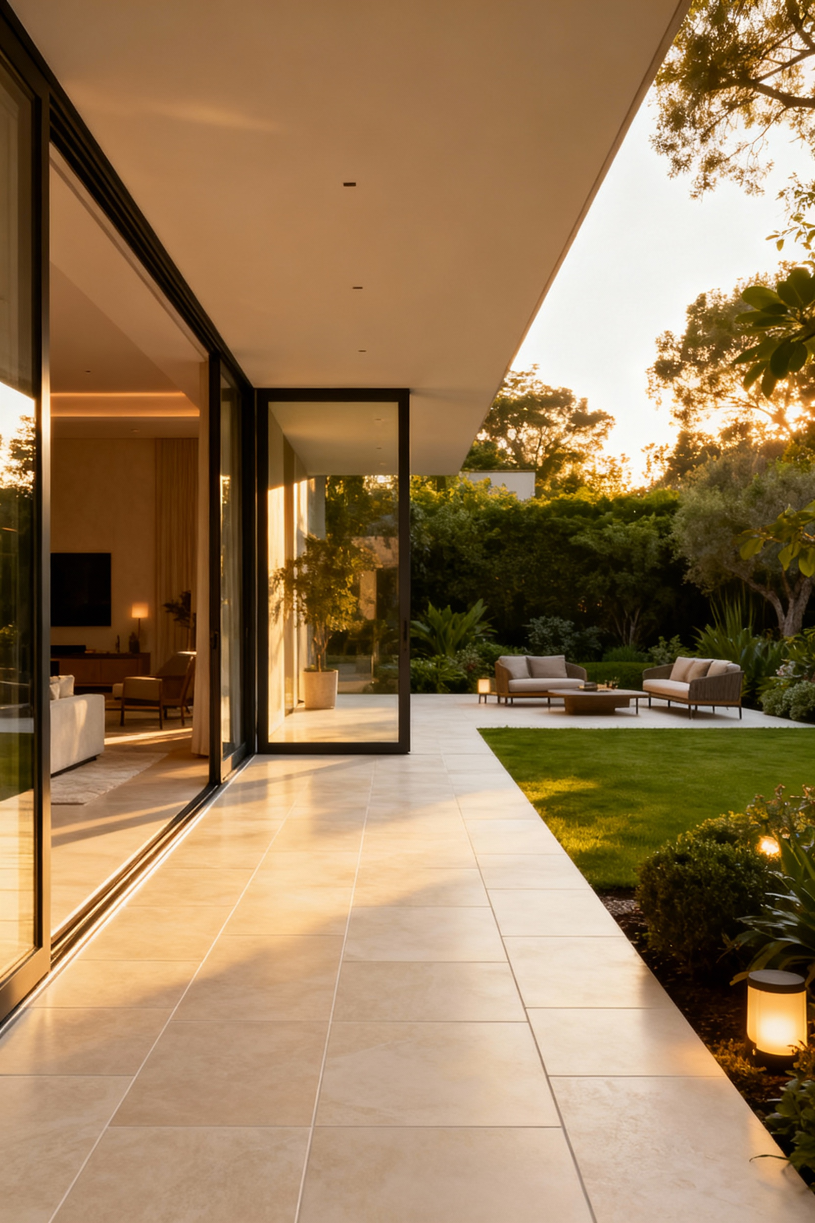 Modern home with open sliding glass doors showing a level, seamless transition from indoor living room to outdoor patio garden with matching light-toned porcelain tile flooring, surrounded by lush plants.
