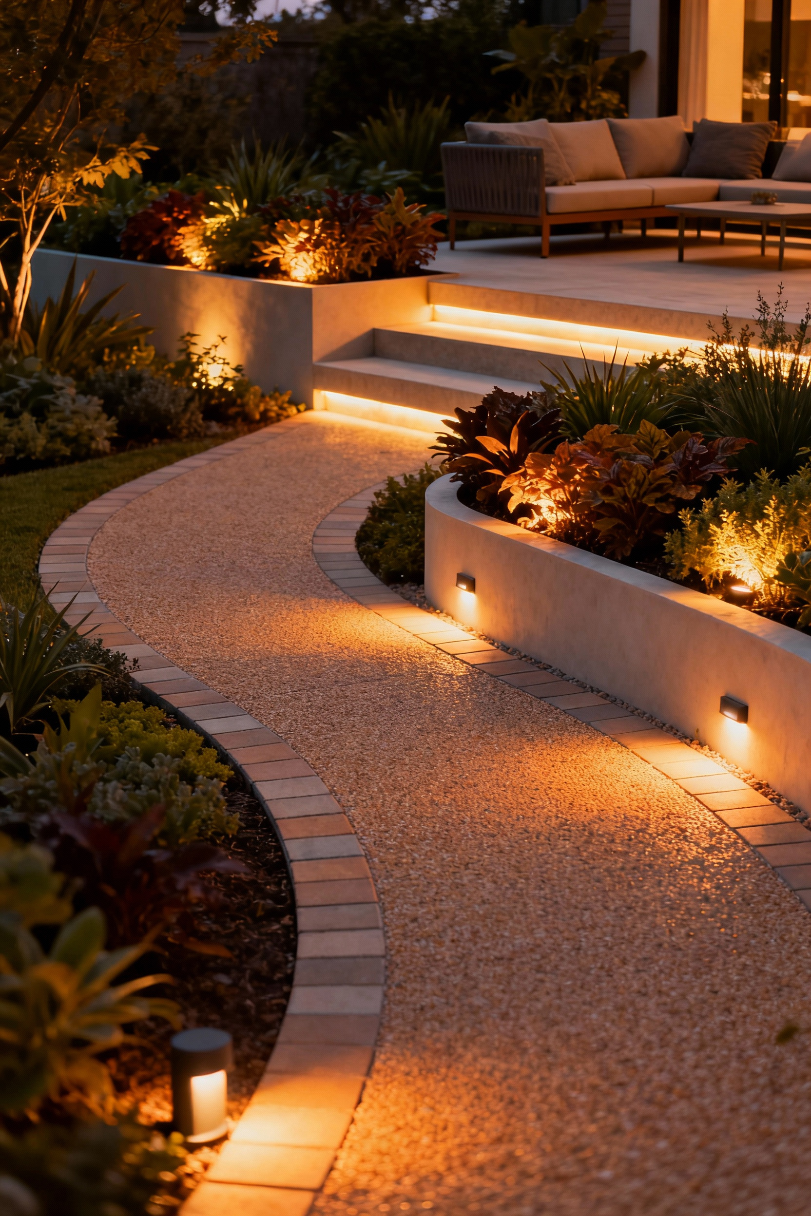 Portrait of a patio garden illuminated by warm ambient pathway lights, step lights, and uplights, creating an accessible and enchanting evening atmosphere.