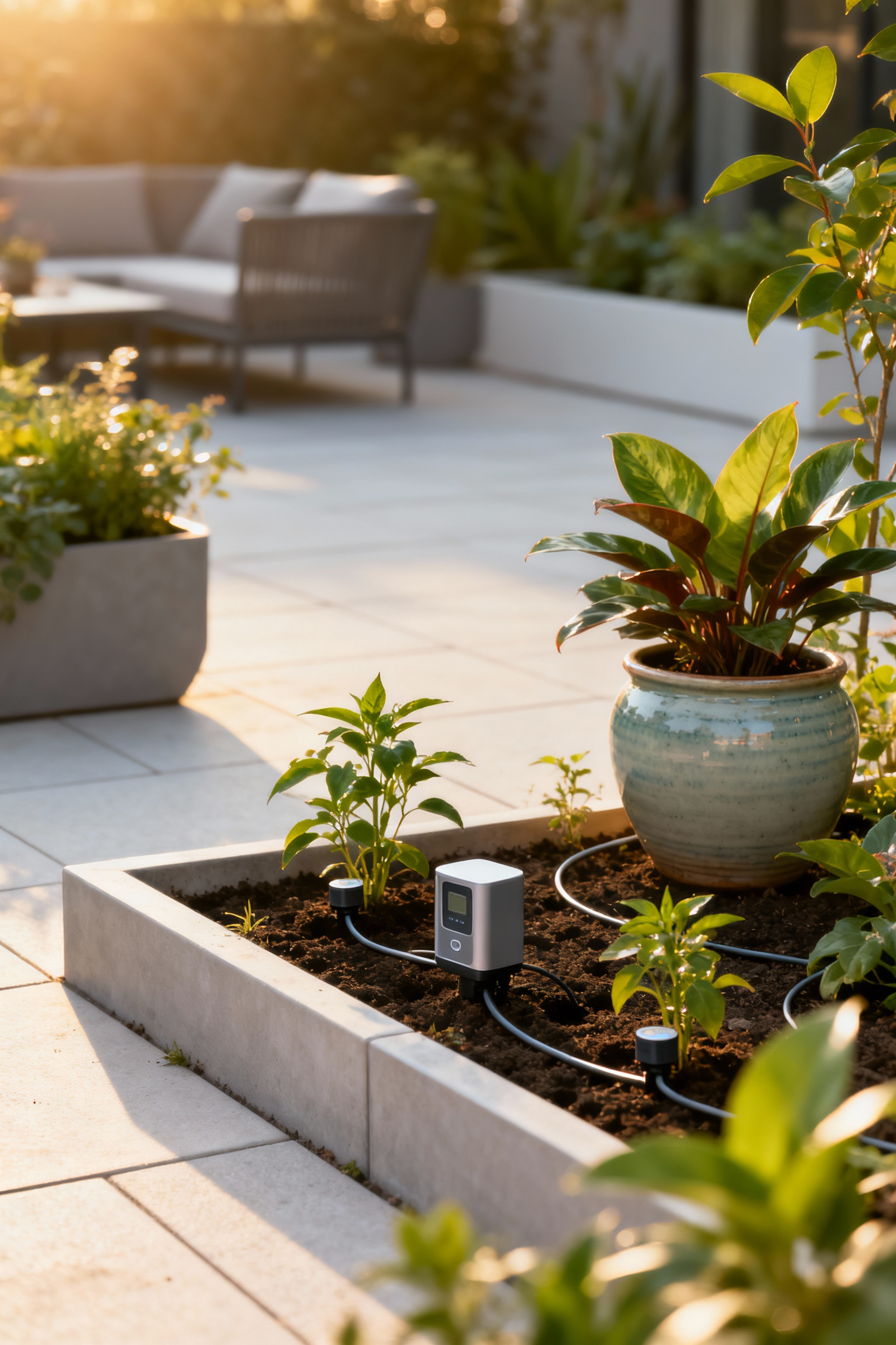 An integrated smart sensor network discreetly embedded in a vibrant patio garden, showcasing soil moisture sensors, temperature monitors, and a central hub among lush plants and modern planters, illustrating predictive plant care.