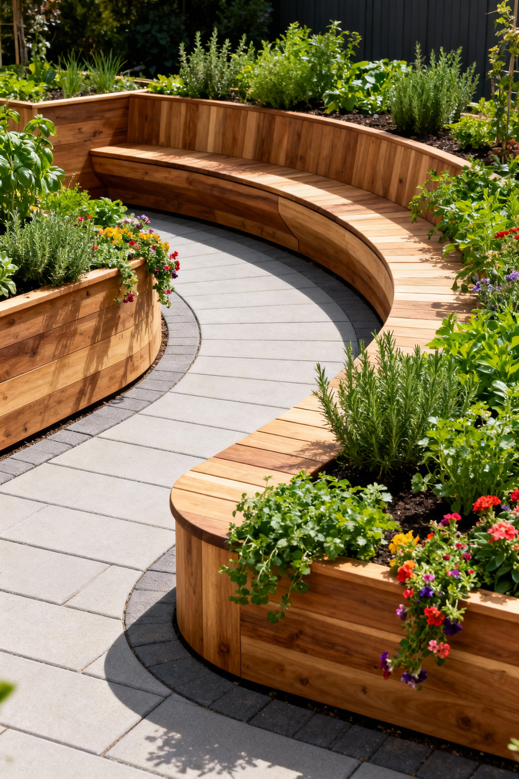 Raised cedar planter beds at an accessible height with wide, non-slip paver pathways, lush plants, and a comfortable patio garden setting designed for universal access.