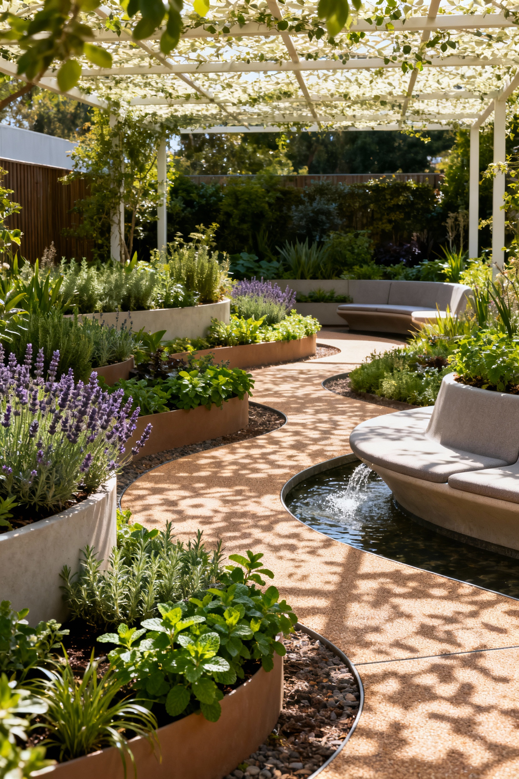 A universally accessible patio garden showcasing biophilic design with curved pathways, diverse native plants, aromatic herbs in raised beds, and a subtle bubbling fountain under dappled sunlight.