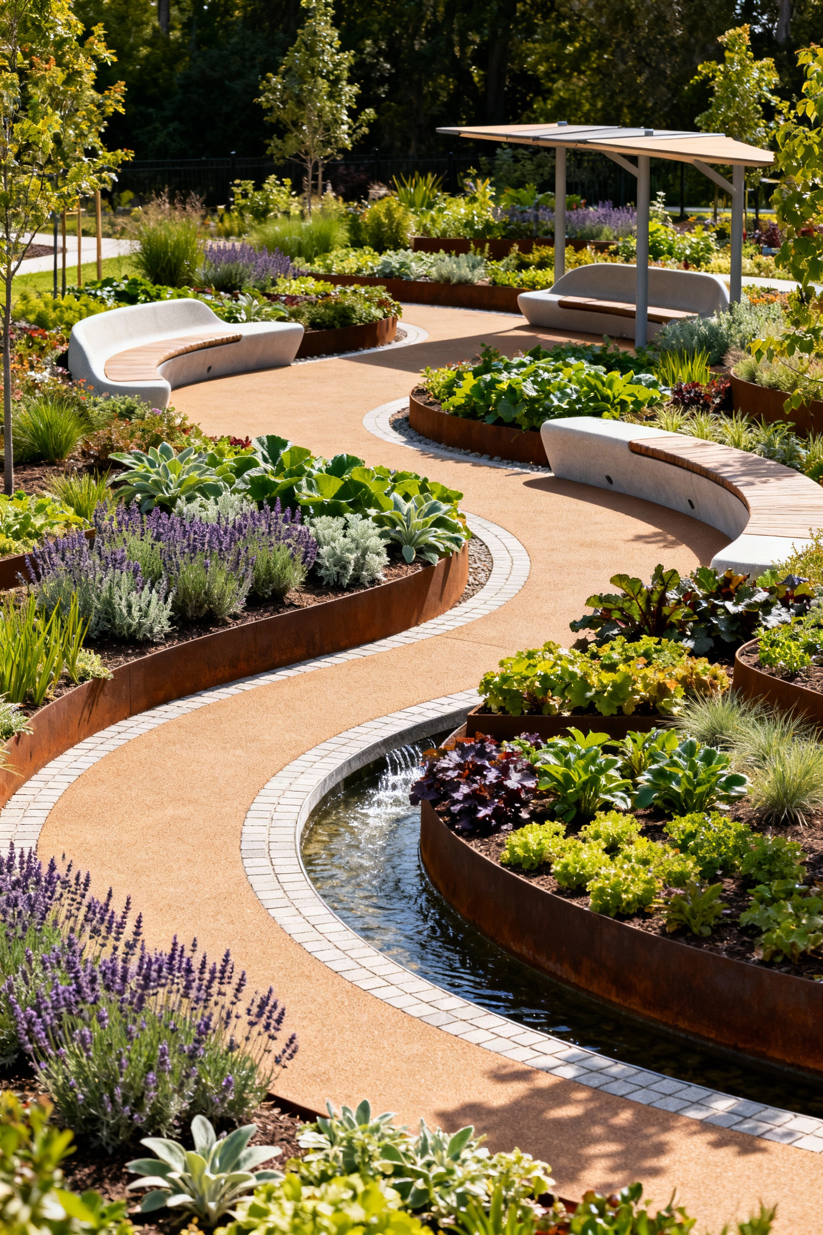 A beautifully designed adaptive sensory garden featuring accessible pathways, various height raised garden beds with diverse plants, and ergonomic seating, bathed in natural light.