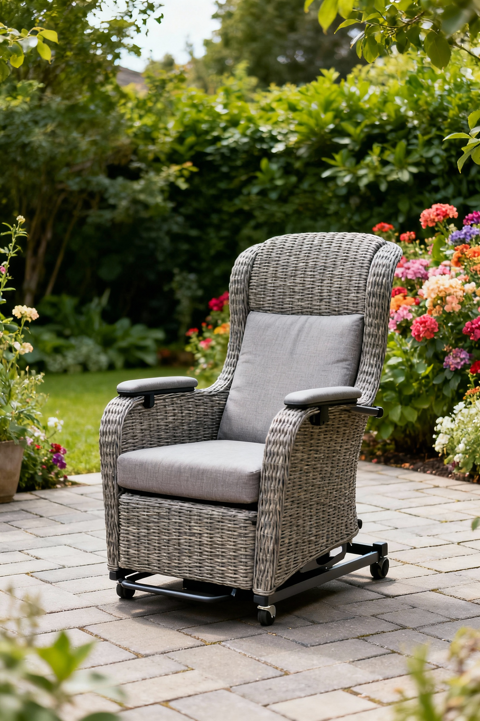 A beautifully designed, adjustable adaptive patio armchair in a modern outdoor garden setting, featuring ergonomic support, durable weather-resistant materials, and no people.