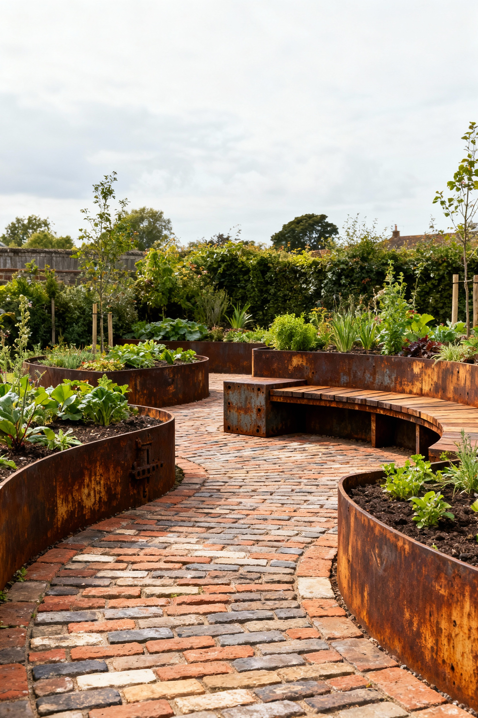 A beautifully designed patio garden featuring pathways made from salvaged bricks, raised garden beds from reclaimed timber, and upcycled seating, all showcasing sustainable material sourcing and waste reduction through circular economy principles.