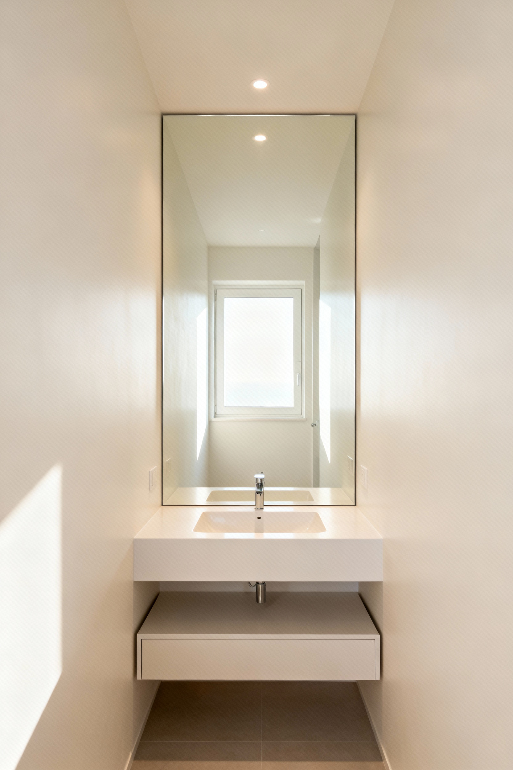 Modern small bathroom featuring a large, frameless, full-height mirror reflecting natural light, making the compact space appear much deeper and brighter. A floating white vanity with a sleek faucet is visible.