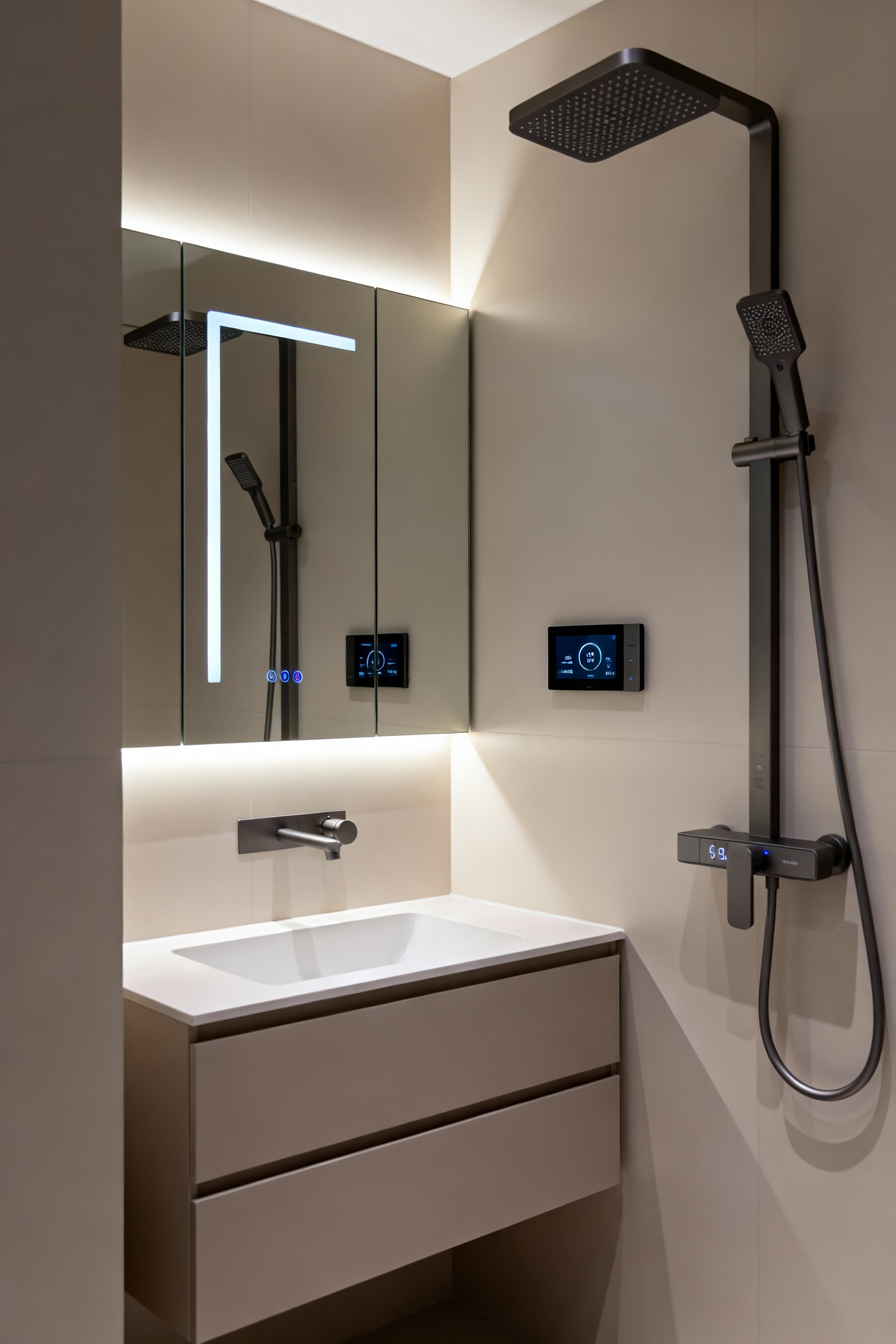 A sleek, modern small bathroom interior featuring integrated smart technology for personalized environmental control. A smart mirror with a digital display shows climate settings, adjacent to a minimalist shower with a digital control panel. Soft LED lighting emanates from behind the mirror and under a floating vanity. The scene is clean, high-tech, and illustrates sophisticated automation without any people.