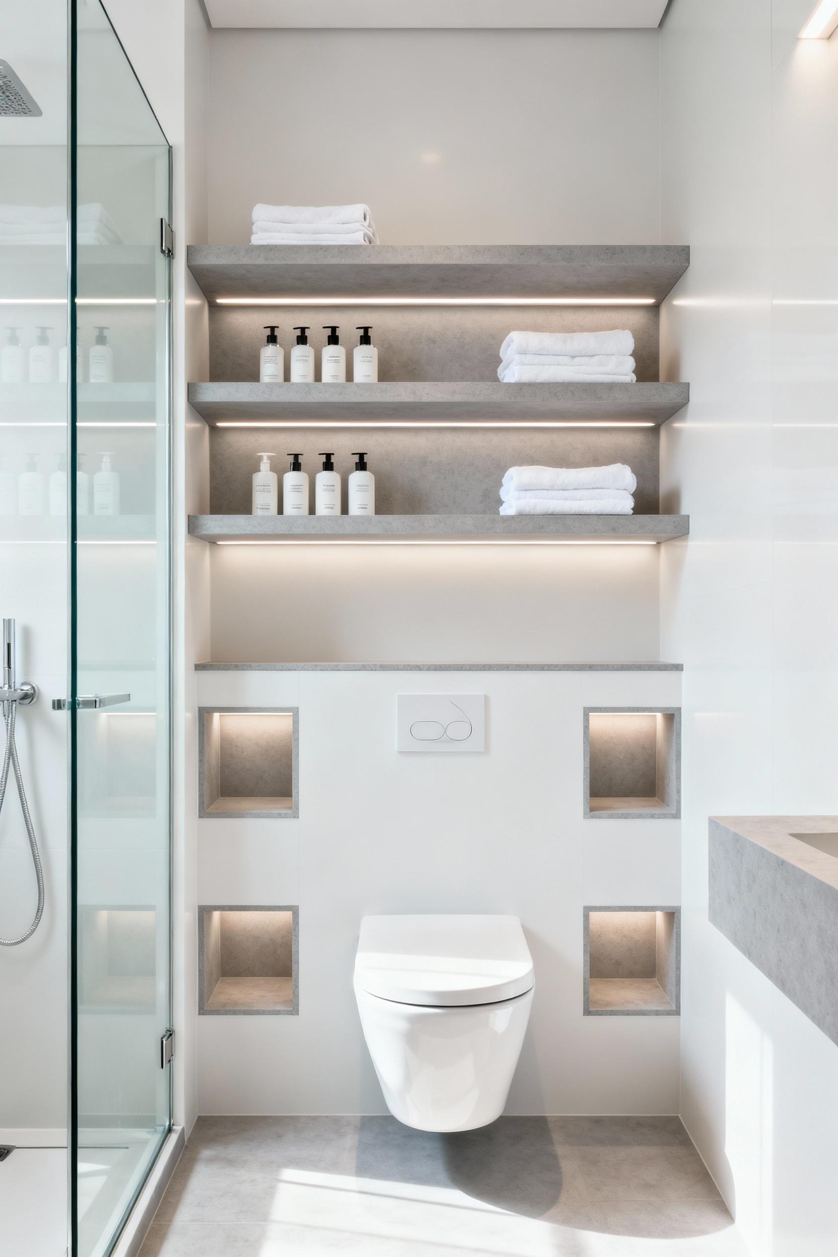 Open shelving and recessed nooks in a small, modern bathroom with sleek, moisture-resistant materials and subtle integrated LED lighting, designed for accessible and decluttered storage.