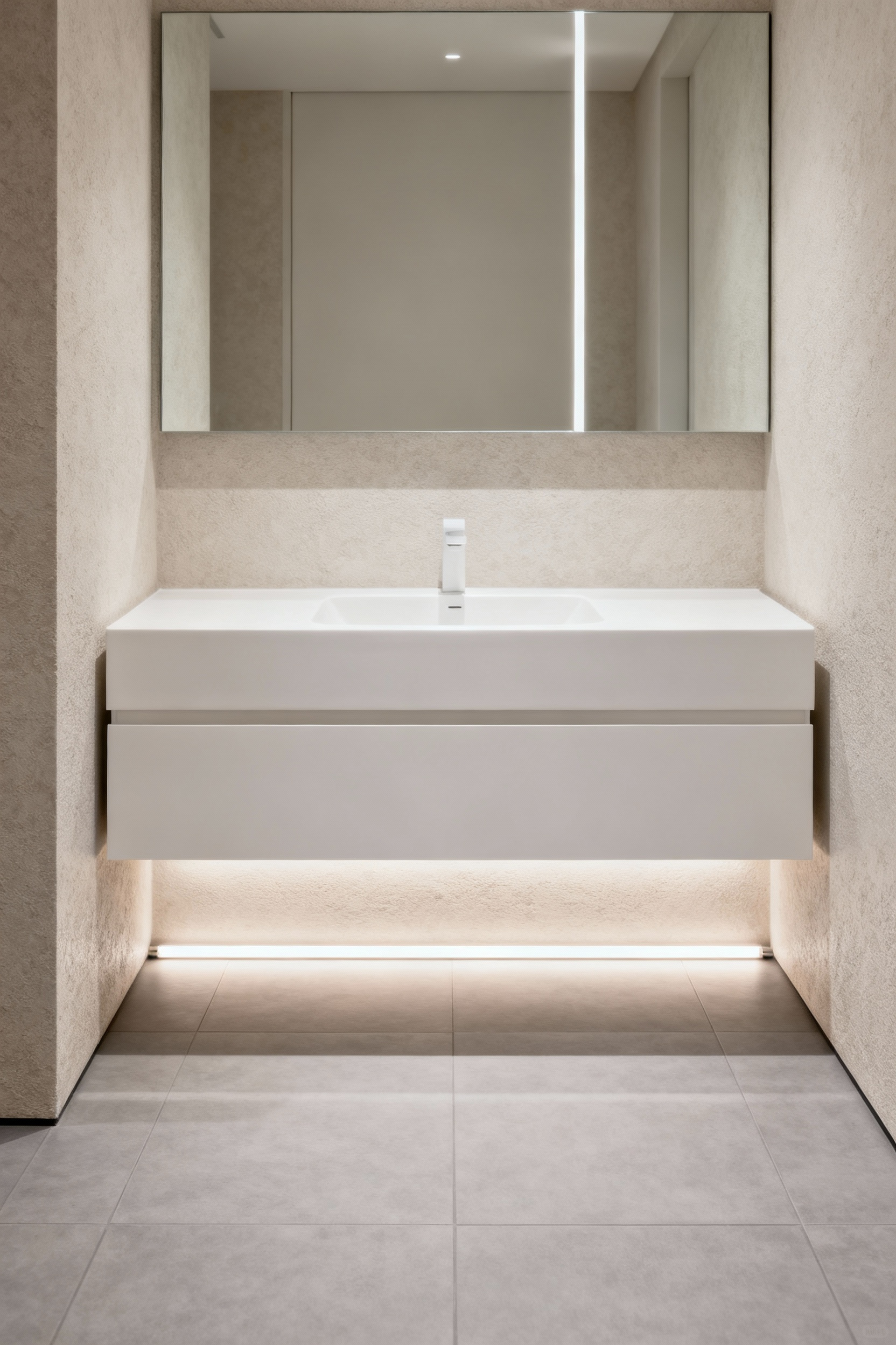 Modern small bathroom with a white floating vanity revealing continuous floor tiles, enhancing visual space and openness.