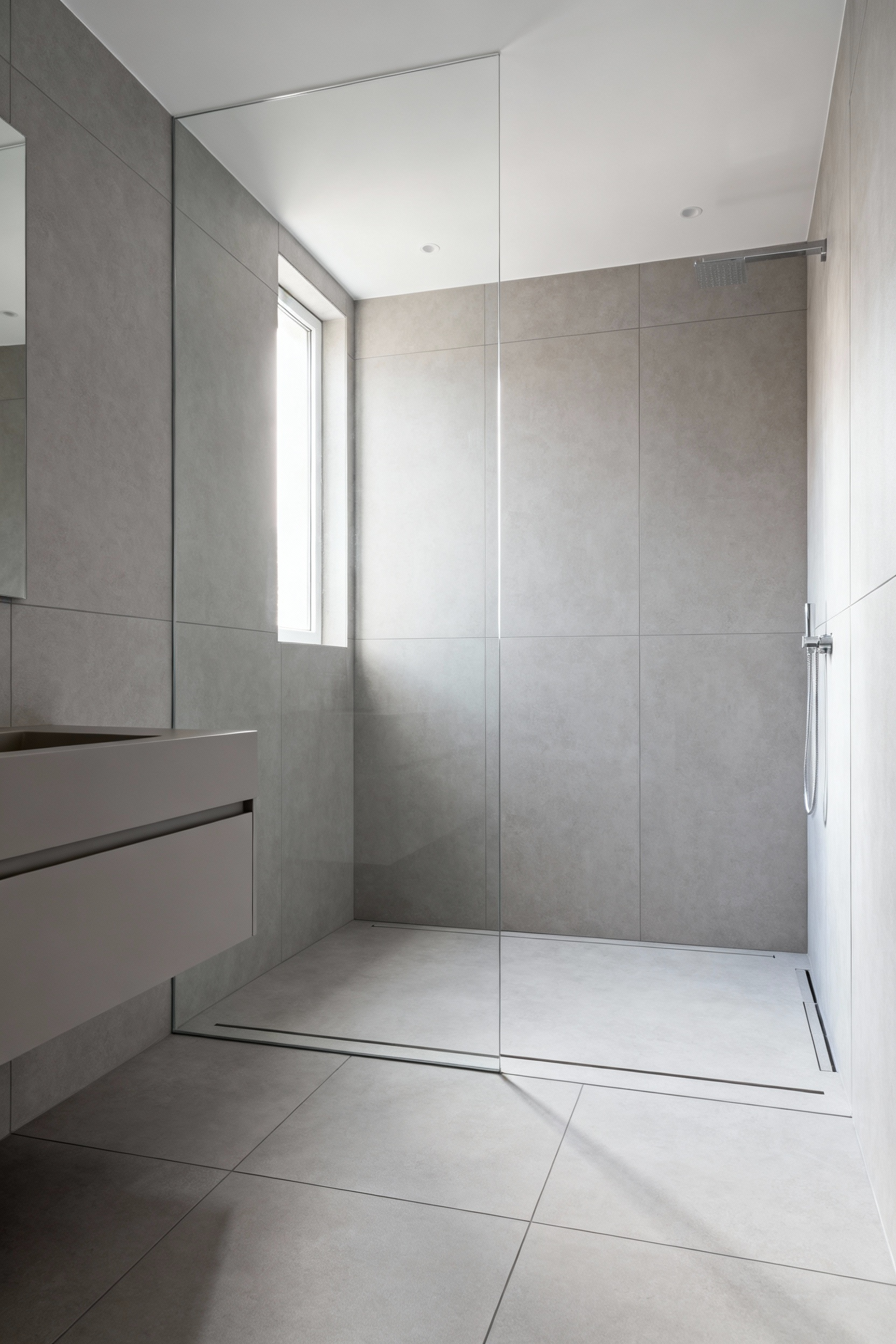 Small bathroom with large-format grey porcelain tiles extending from the main floor into a curbless shower, featuring a frameless glass enclosure and a wall-mounted vanity, illustrating seamless material continuity.