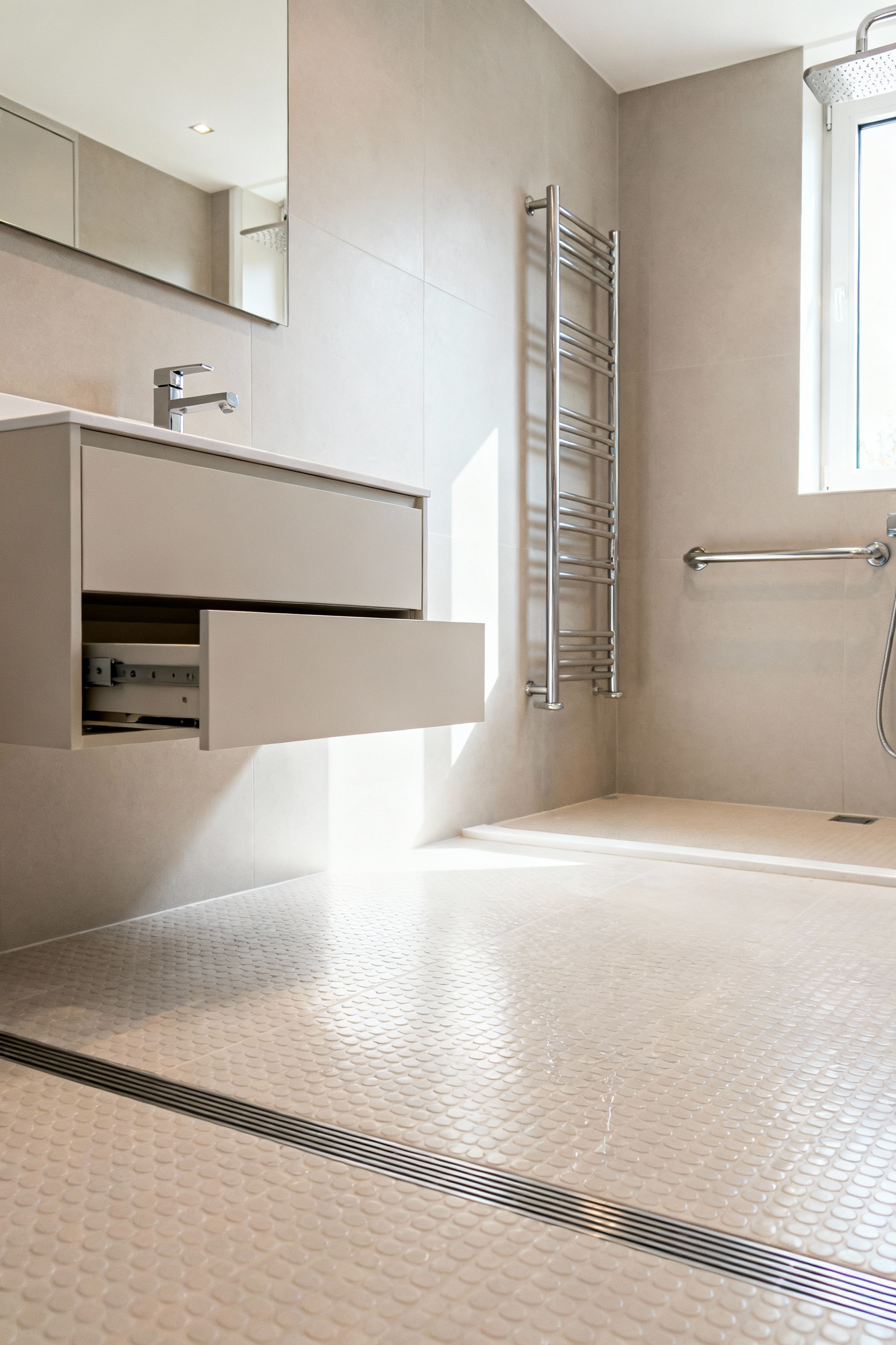 Modern small bathroom with universal design features including a zero-threshold wet room, floating vanity, and integrated chrome grab bars functioning as towel rails.