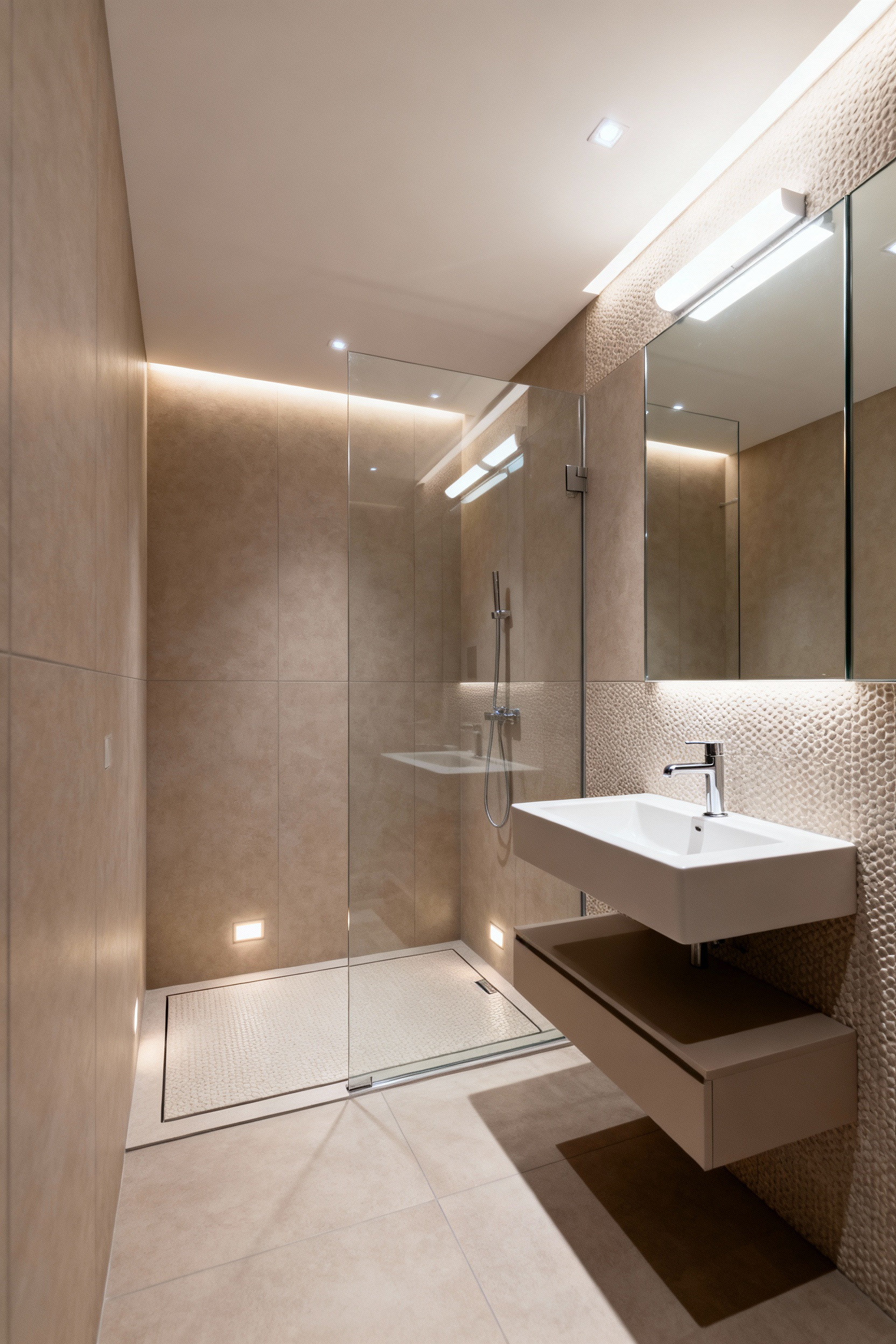 Modern small bathroom featuring a curbless shower, wall-mounted sink, and slip-resistant flooring, showcasing universal design for aging-in-place.