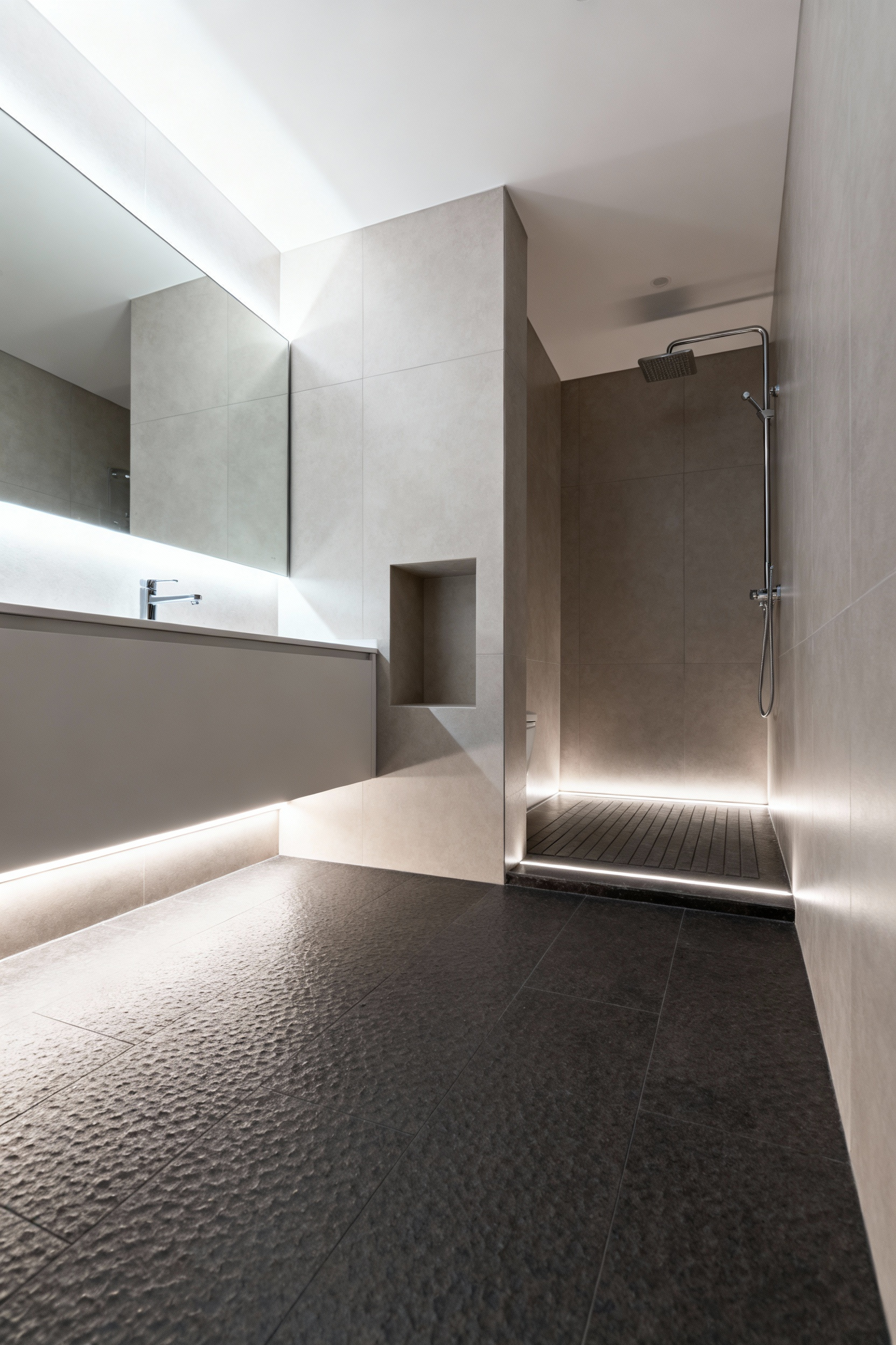 Modern small bathroom with distinct zones created by contrasting light and dark textured tiles, floating vanity with under-cabinet LED lighting, and bright overhead task lighting in a curbless shower area. Emphasizes material and lighting delineation for micro-zoning.