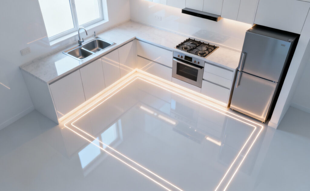 High-angle view of a modern small kitchen floor plan with glowing lines highlighting optimized work zones and efficient spatial flow.