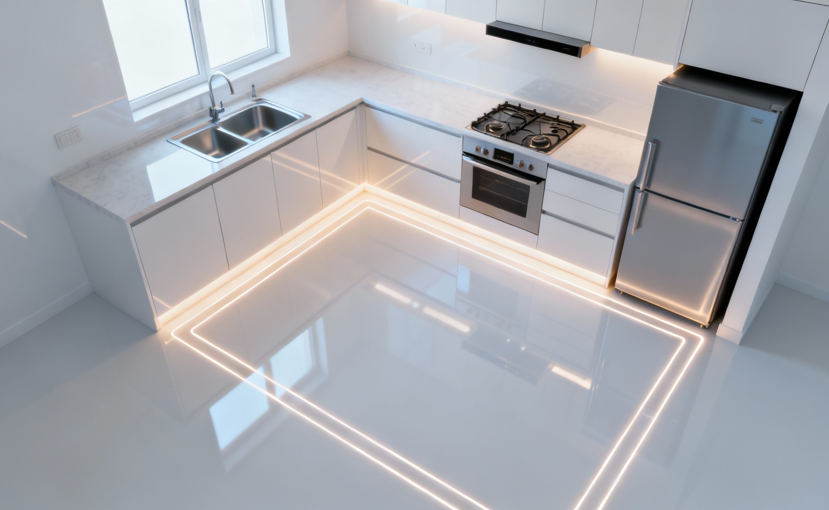 High-angle view of a modern small kitchen floor plan with glowing lines highlighting optimized work zones and efficient spatial flow.