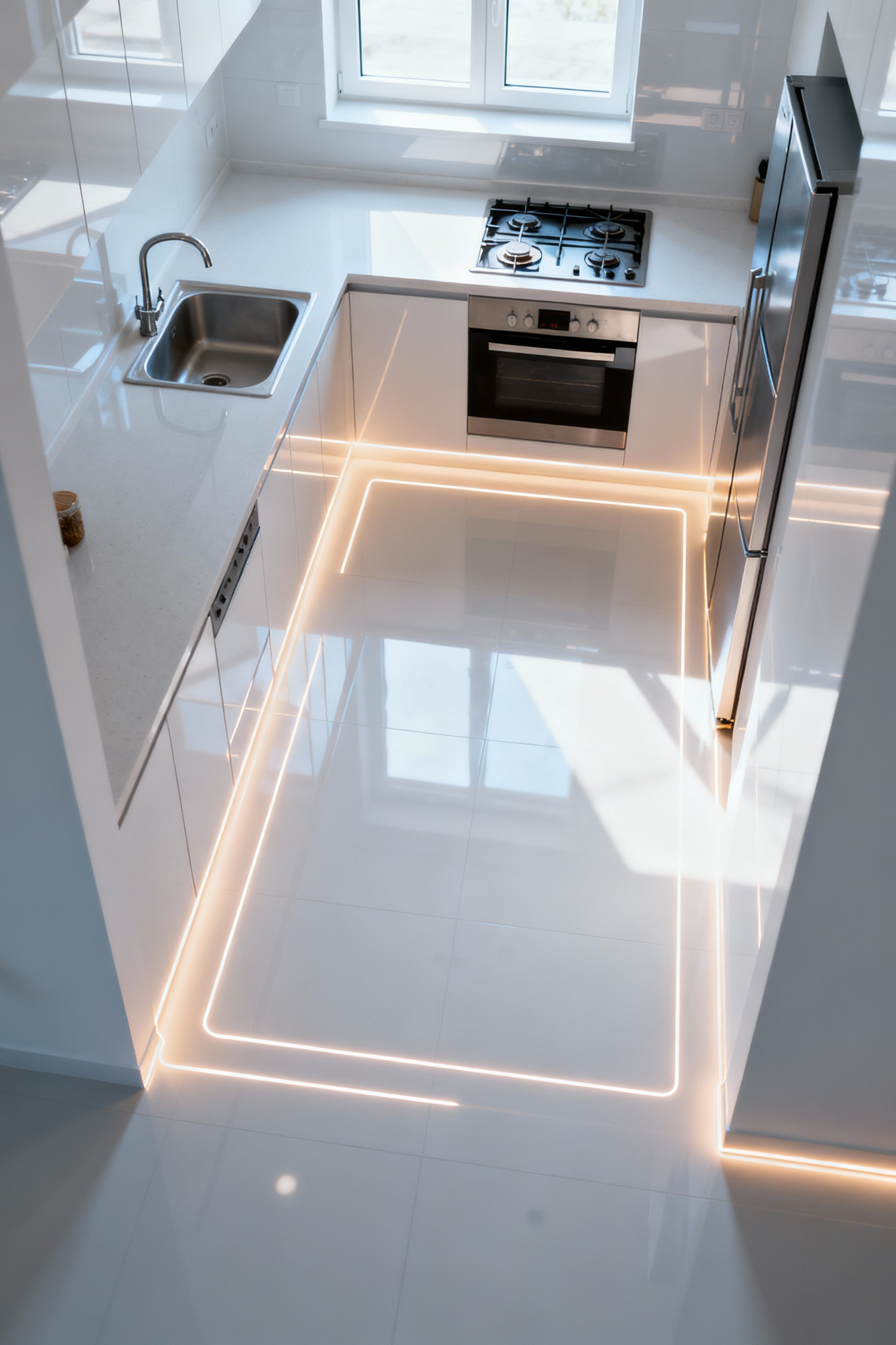 High-angle view of a modern small kitchen floor plan with glowing lines highlighting optimized work zones and efficient spatial flow.