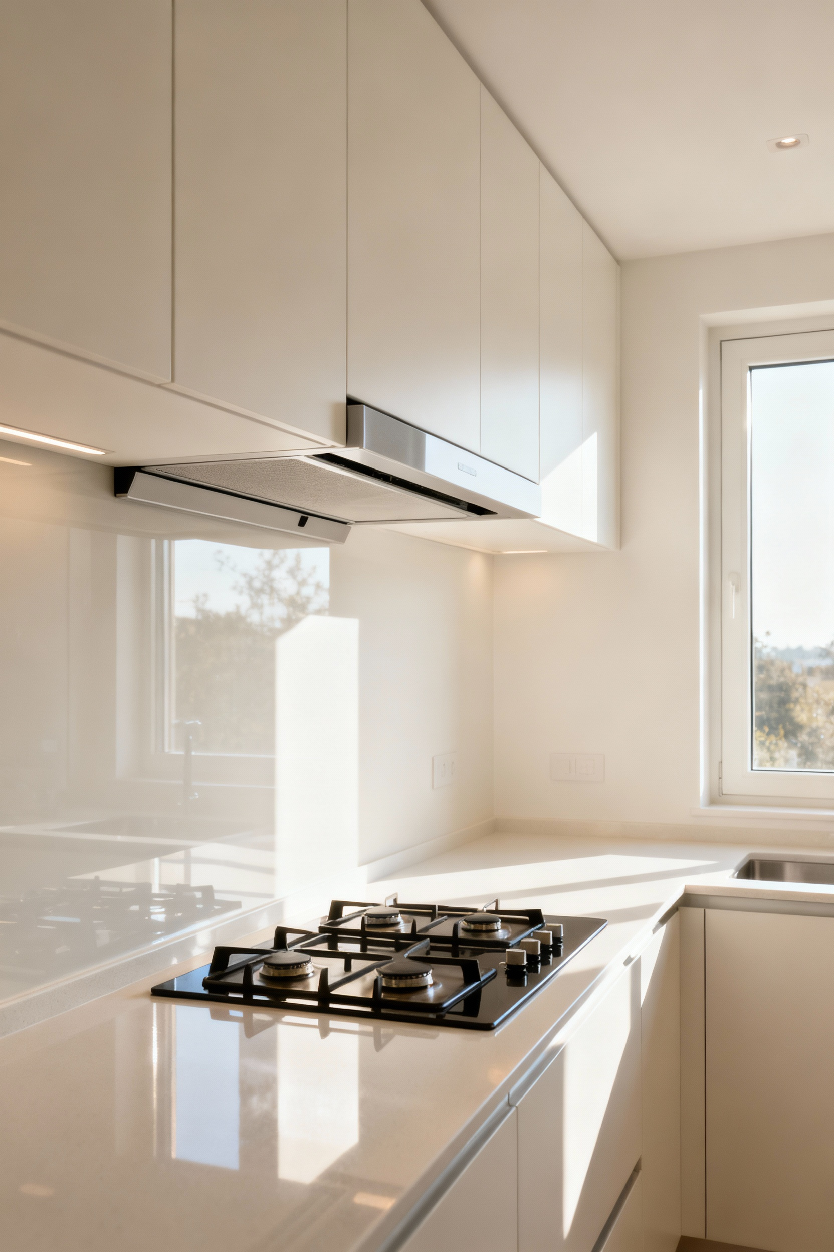 Modern small kitchen with a fully integrated, concealed downdraft or flush ceiling ventilation system, featuring clean lines, light cabinetry, and an uncluttered countertop, highlighting a spacious and aesthetically cohesive design.