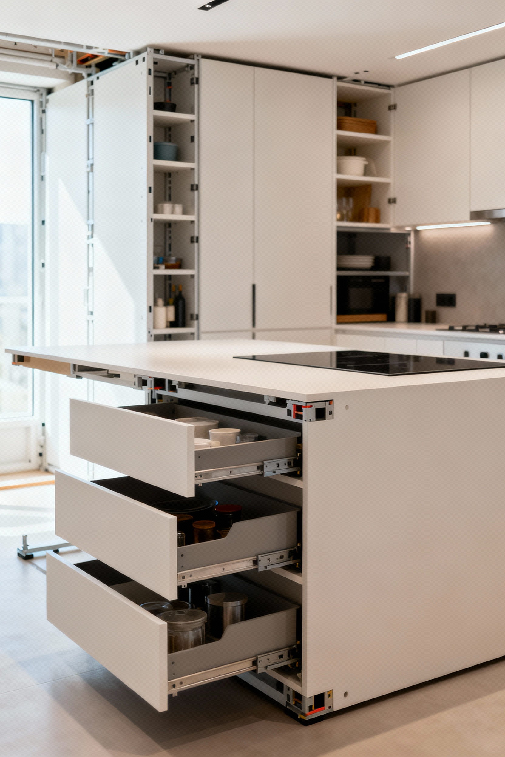 Modern, compact kitchen featuring adaptable modular cabinetry, pull-out storage, and a versatile island designed for future-proofing.