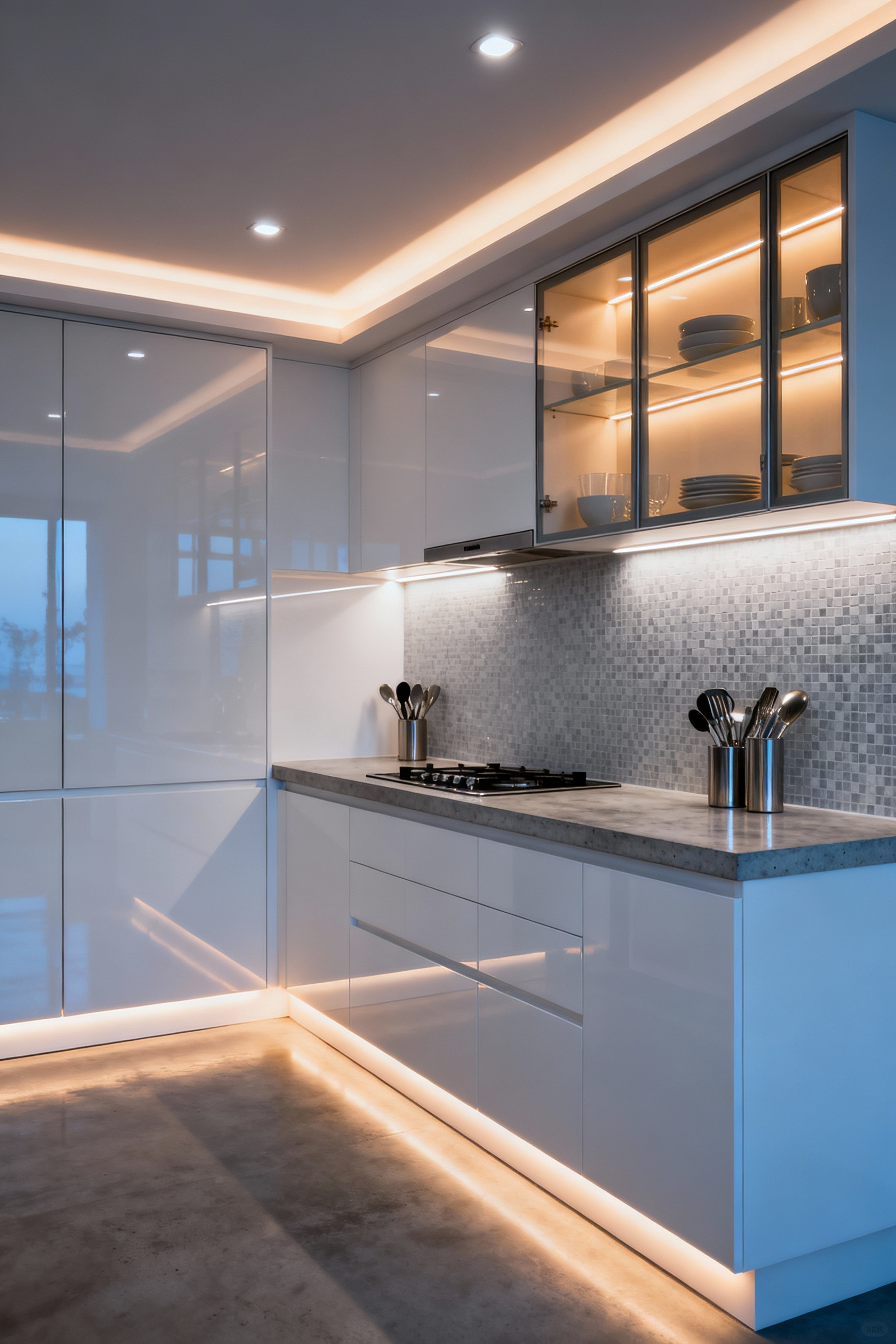 A small modern kitchen beautifully illuminated by layered lighting, including recessed ceiling lights, under-cabinet task lighting, and in-cabinet accent lighting, highlighting reflective surfaces and creating a sense of spaciousness.
