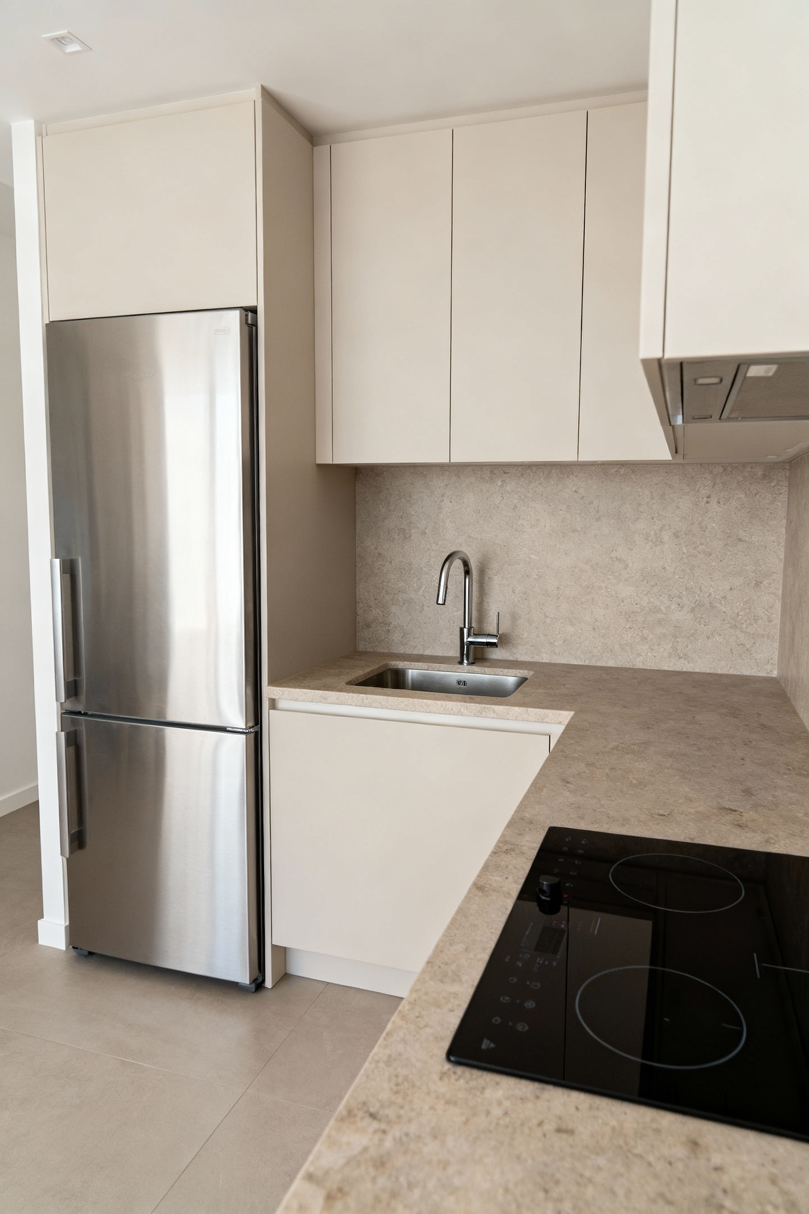 A detailed illustration of an ergonomically designed small kitchen, emphasizing the efficient workflow triangle formed by the refrigerator, sink, and range. Light cabinetry and modern appliances.
