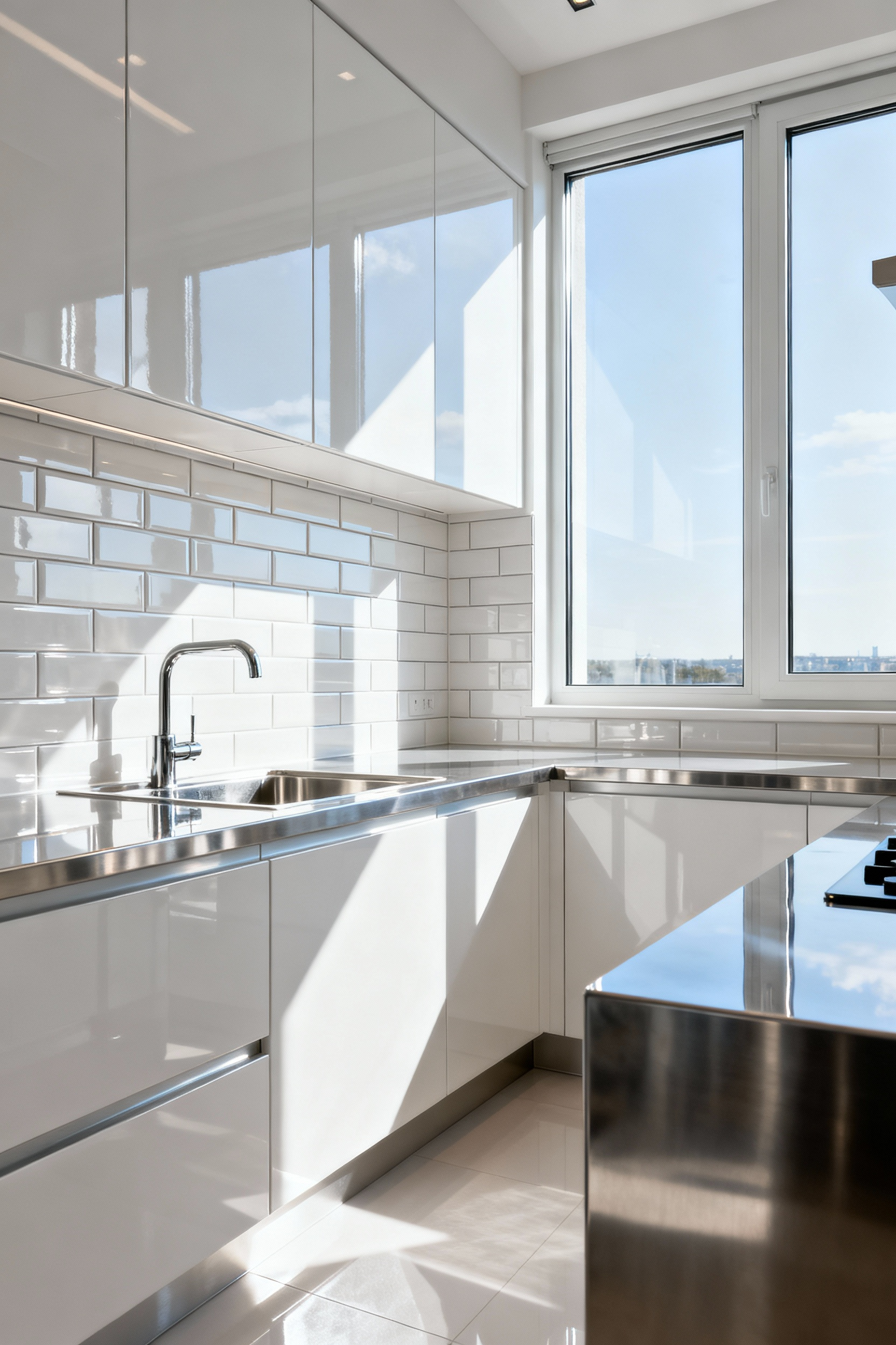 A bright small kitchen with high-gloss white cabinets and reflective surfaces amplifying natural light, showing an expanded sense of space.