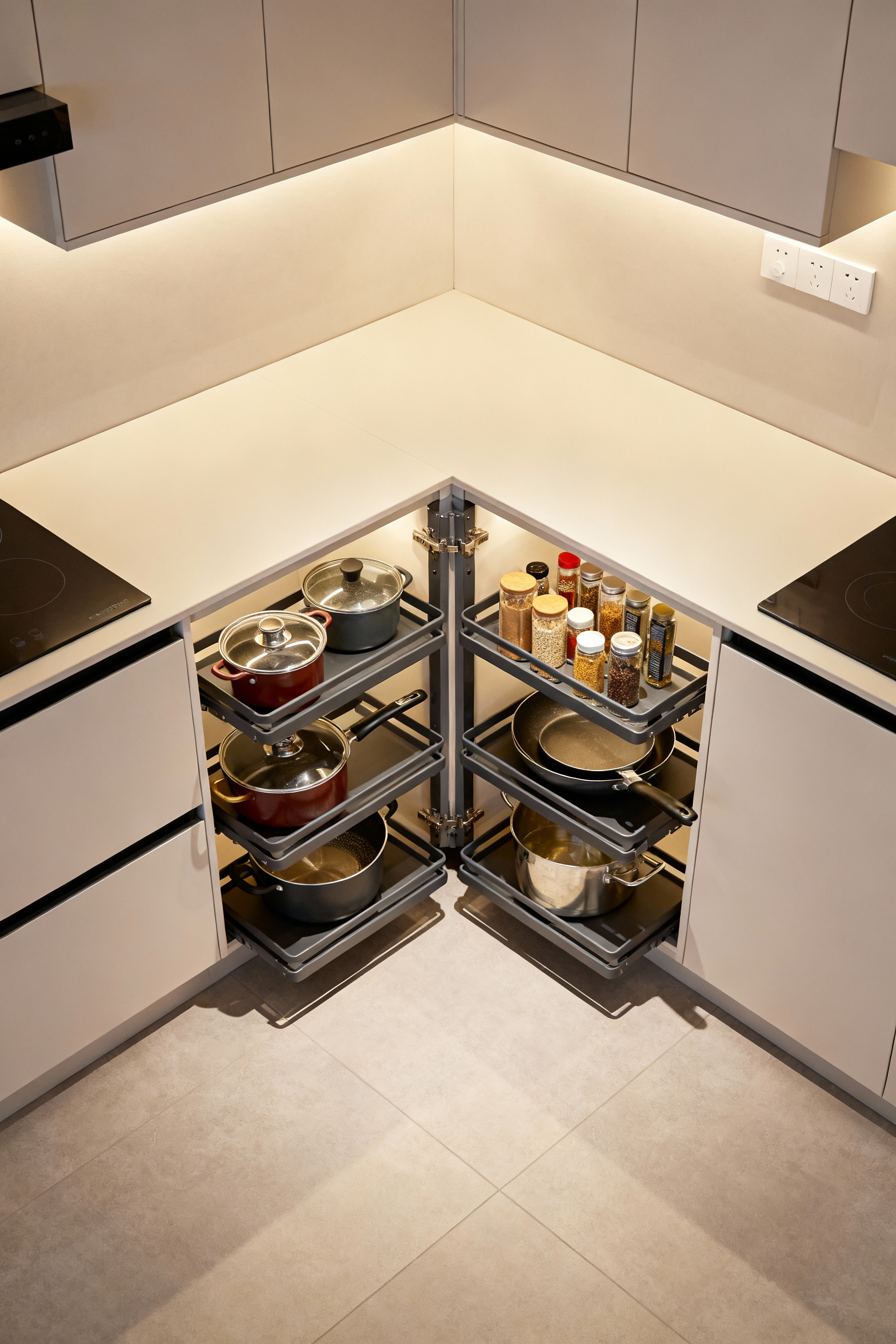 A small modern kitchen showcasing an open 'magic corner' pull-out system filled with organized pots and pans, demonstrating efficient corner storage solutions.
