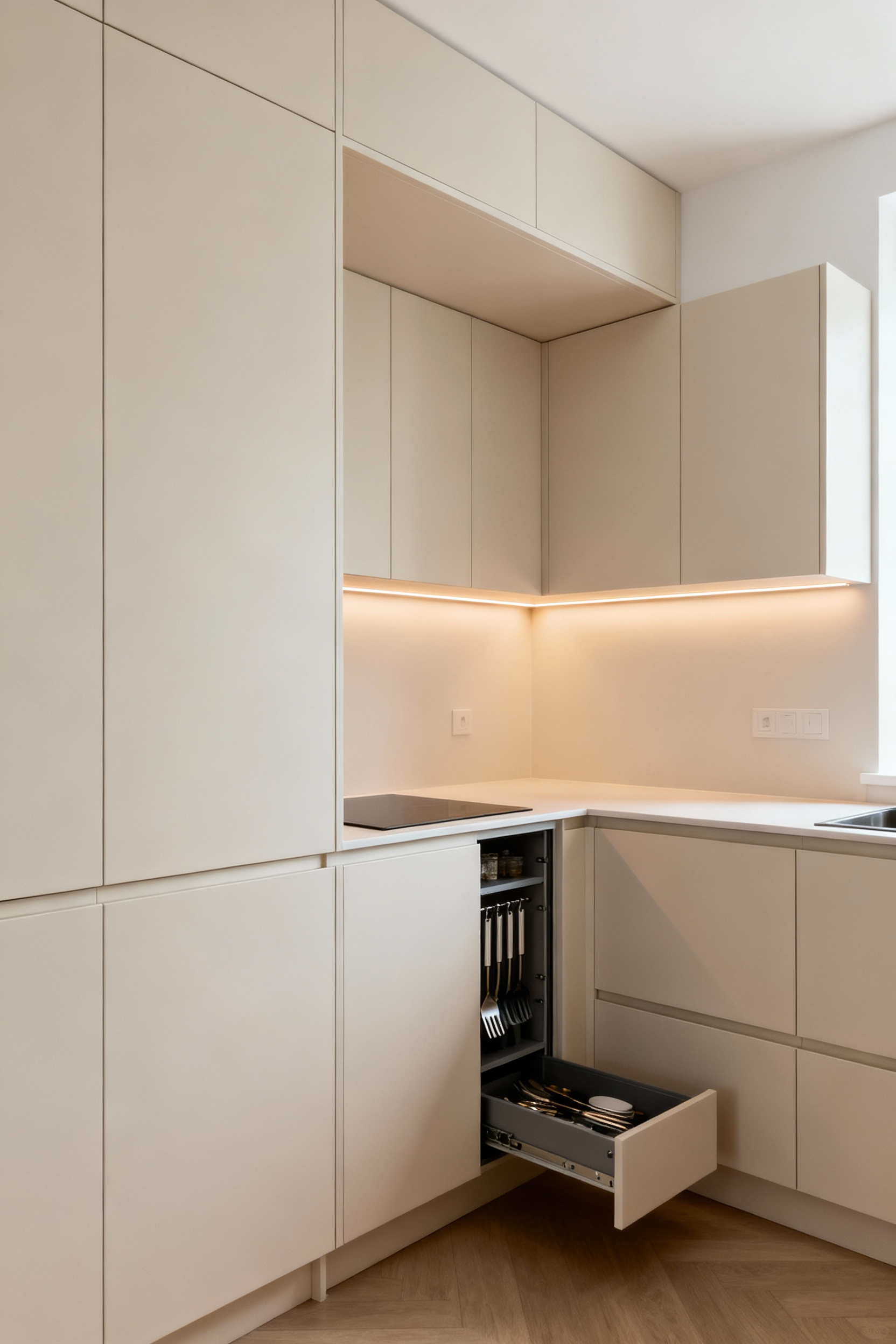 Small kitchen with custom light-colored millwork cabinetry seamlessly integrated into an awkward wall niche, featuring discreet storage and warm LED under-cabinet lighting.