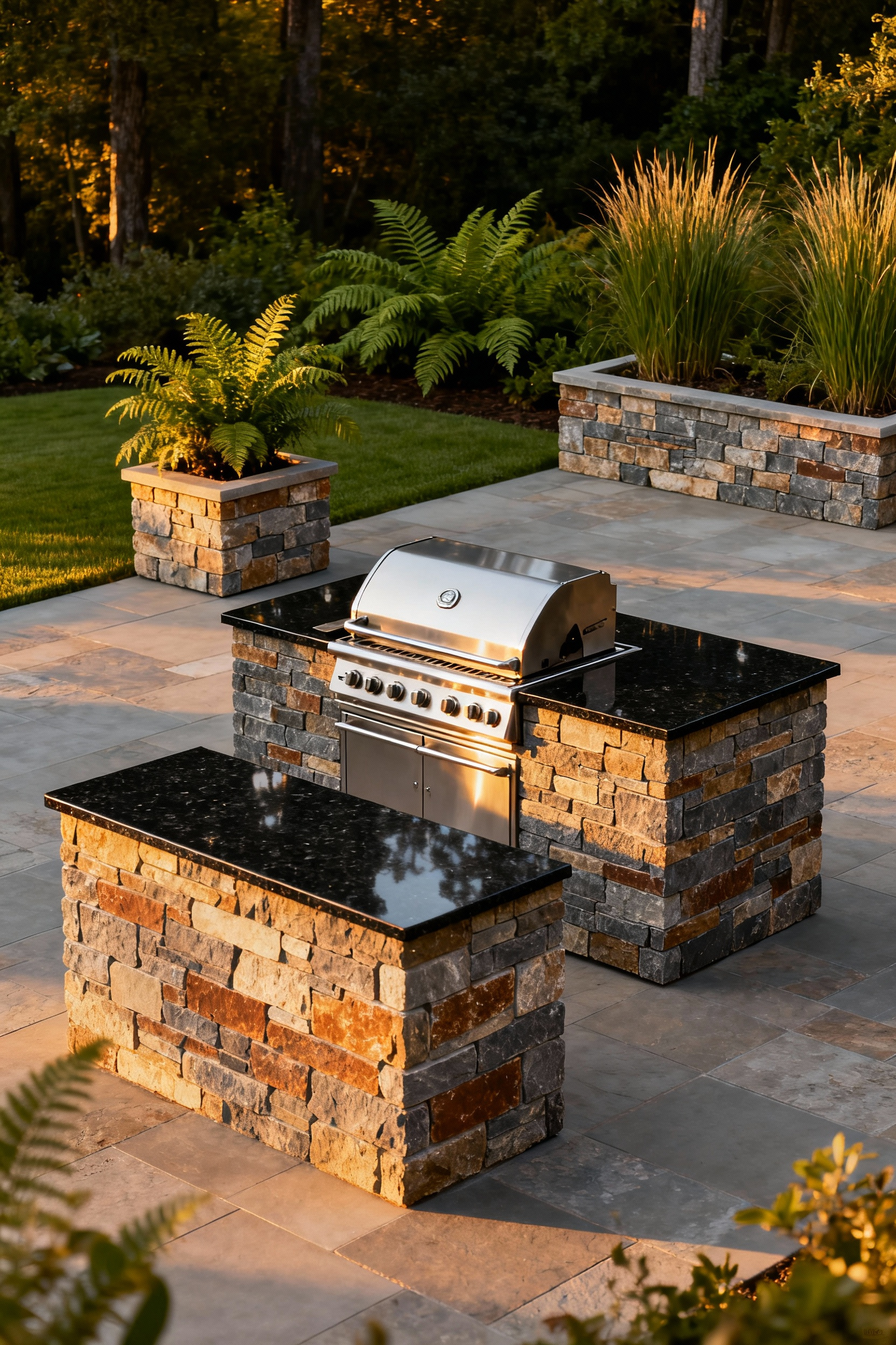 A luxurious outdoor kitchen featuring a rough-hewn Ashlar stone veneer base contrasted sharply with a sleek stainless steel grill and black granite counter, harmoniously integrated with matching stone planters and surrounding greenery.