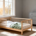 A photograph of a bright, safe child's bedroom featuring a low-profile bed and a securely placed dresser with rounded corners, illustrating essential furniture safety measures.